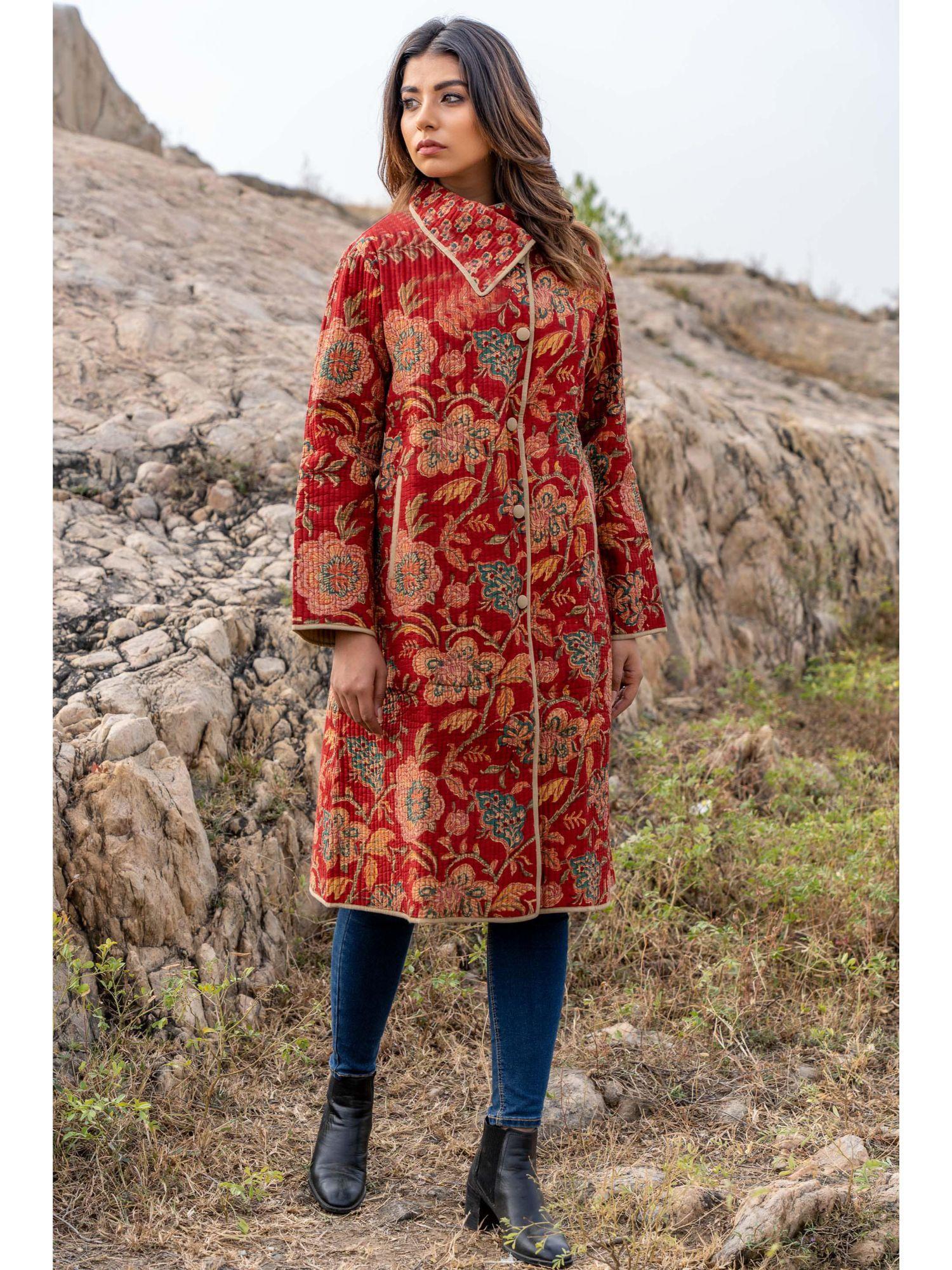 red floral block printed quilted bukhara coat