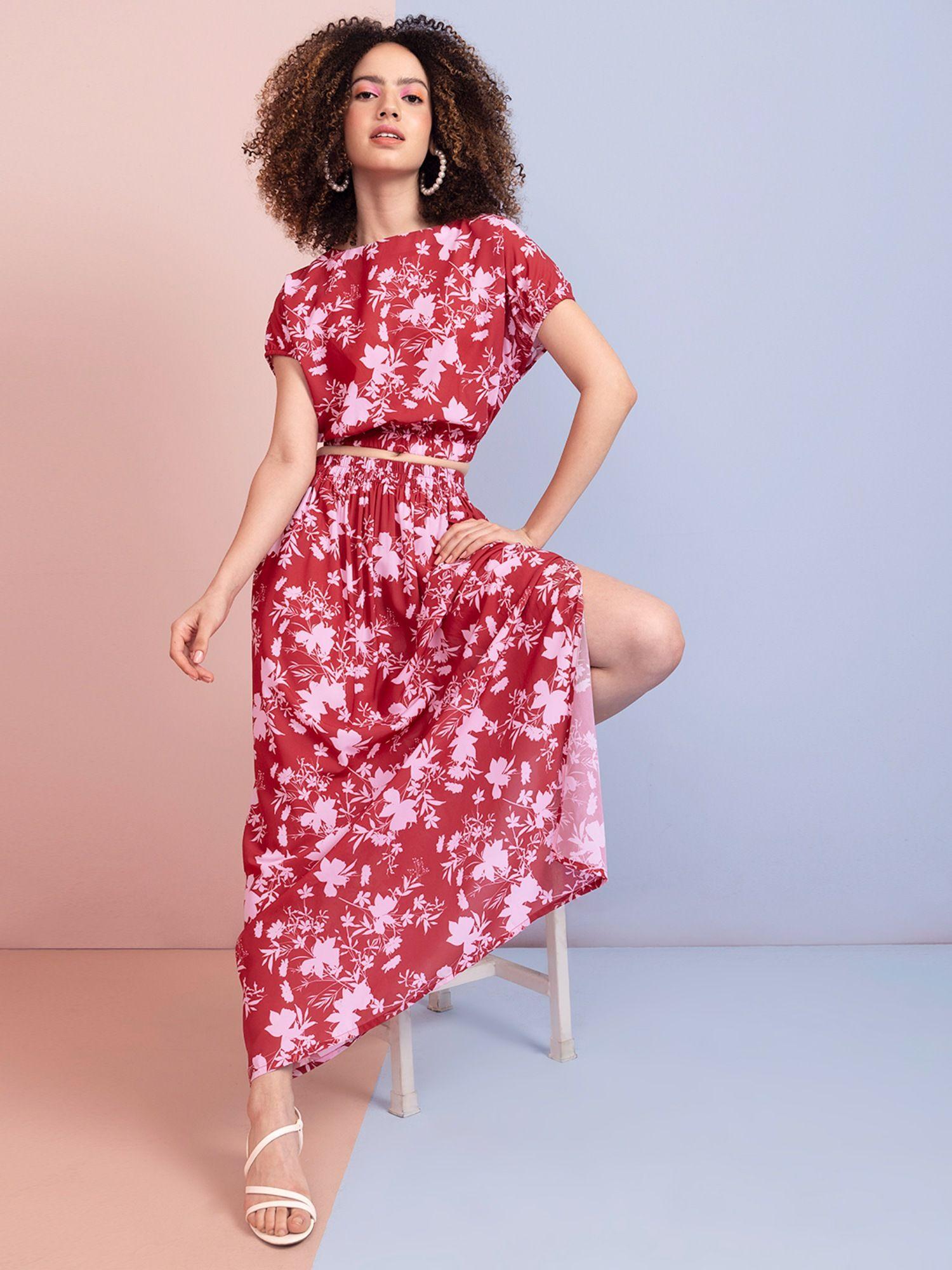 red floral crop top & skirt co-ord (set of 2)