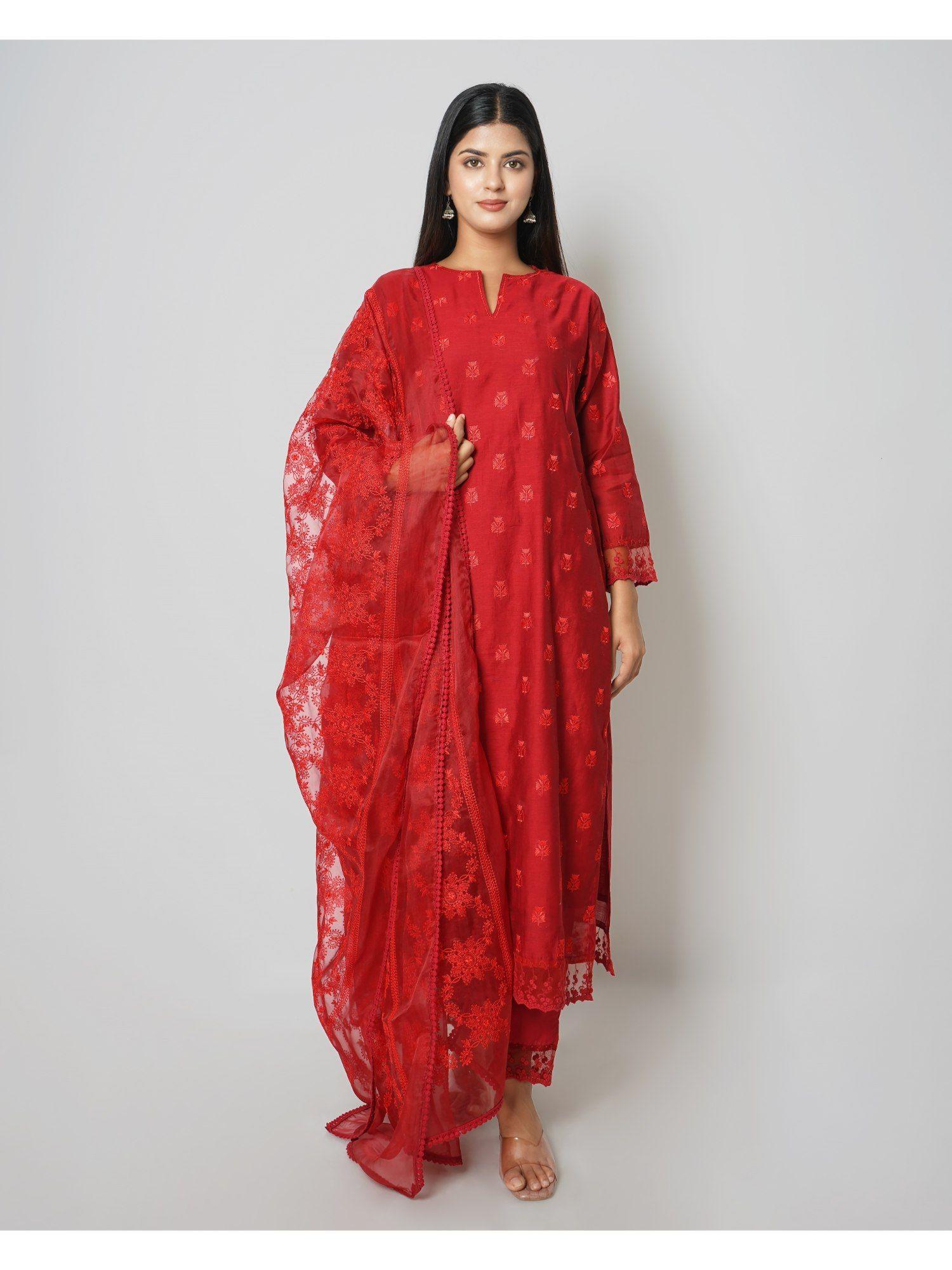 red floral embroidered chanderi kurta with cotton pants & organza dupatta (set of 3)