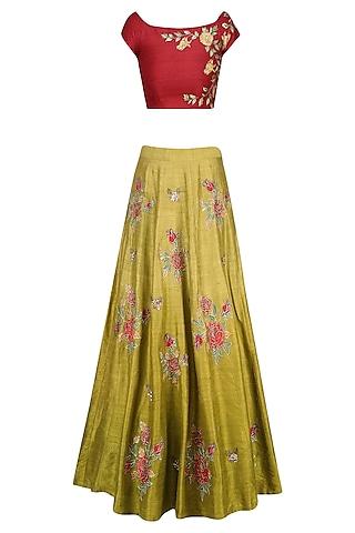 red floral embroidered crop top with olive green skirt