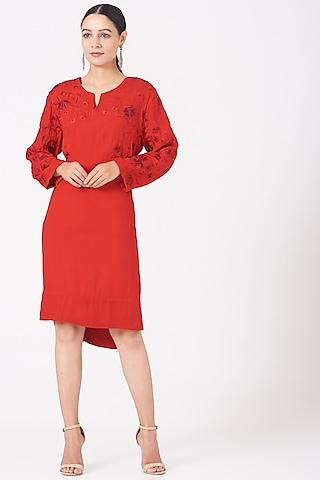 red floral embroidered high-low dress