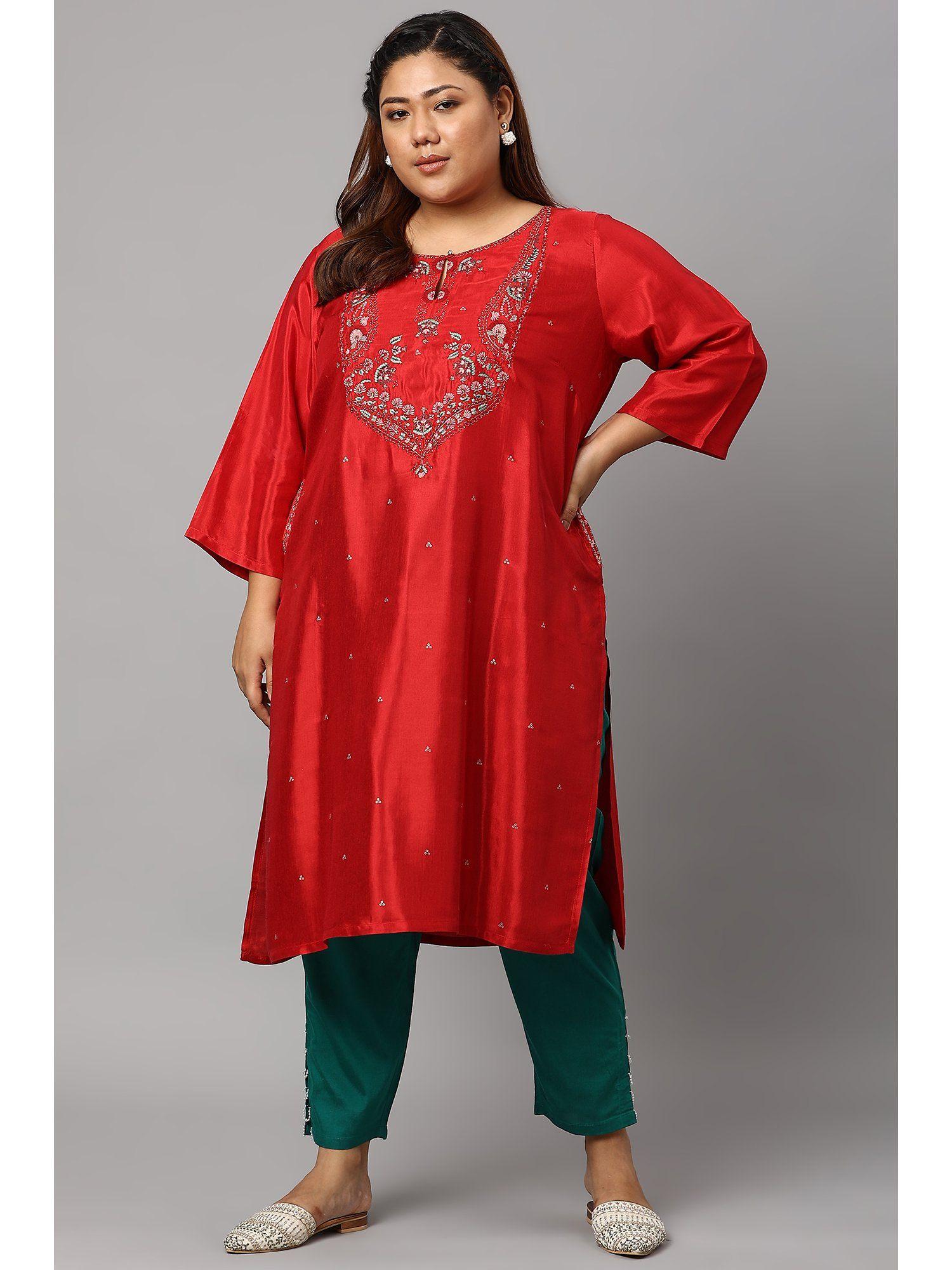 red floral embroidered kurta