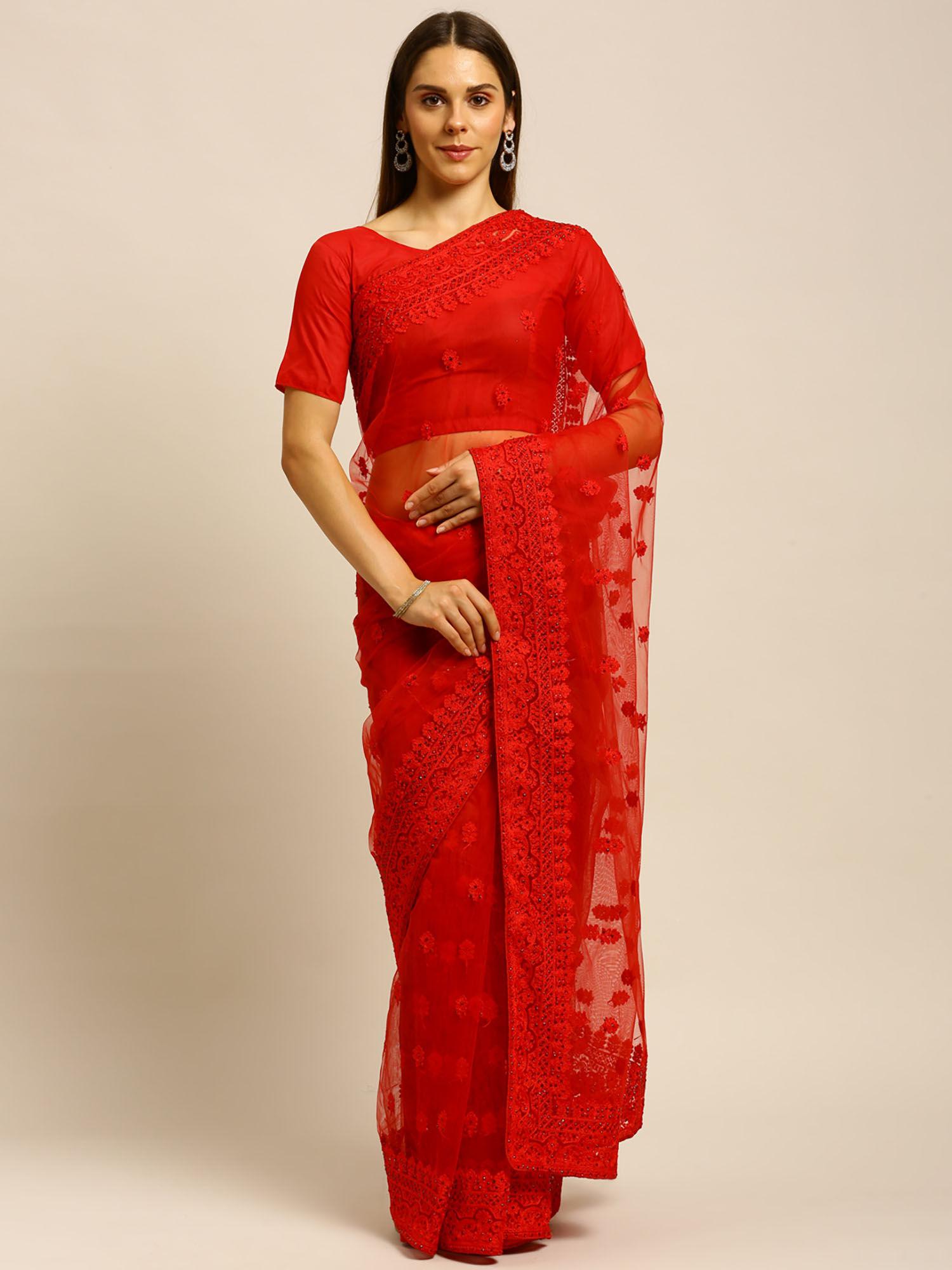 red floral embroidered net saree with unstitched blouse