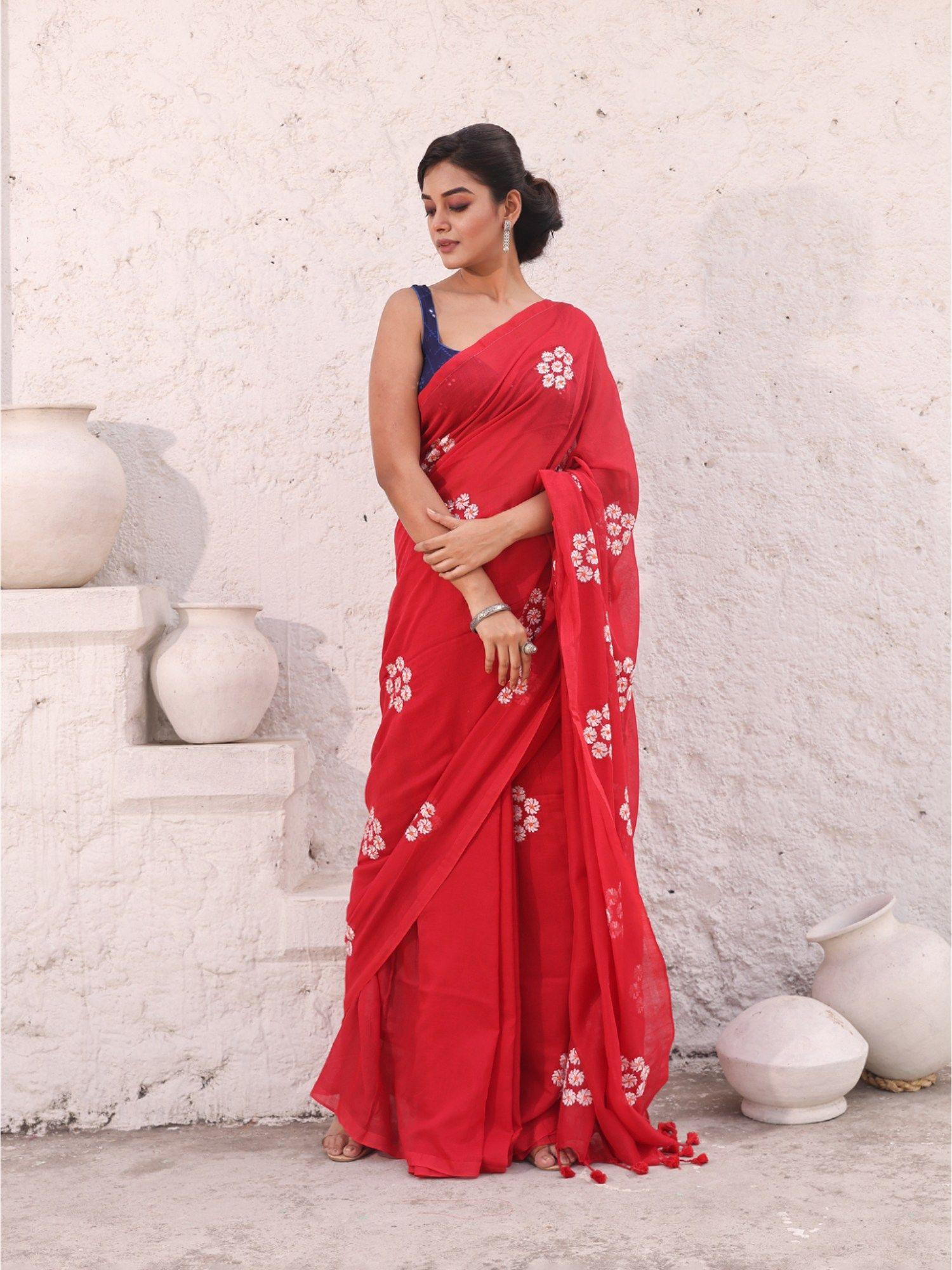 red floral embroidery work pure cotton soft saree with unstitched blouse