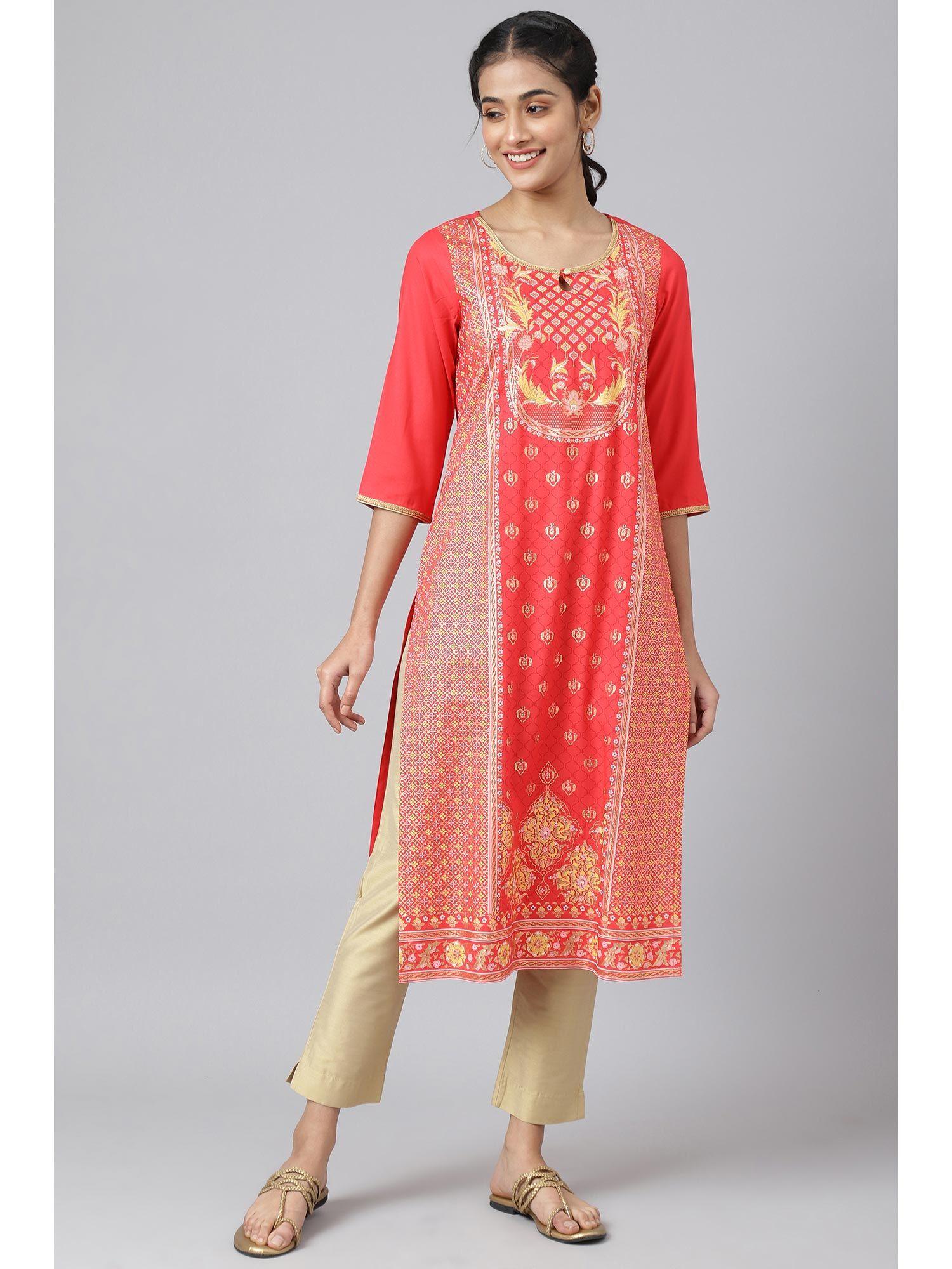 red floral foil print ethnic kurta