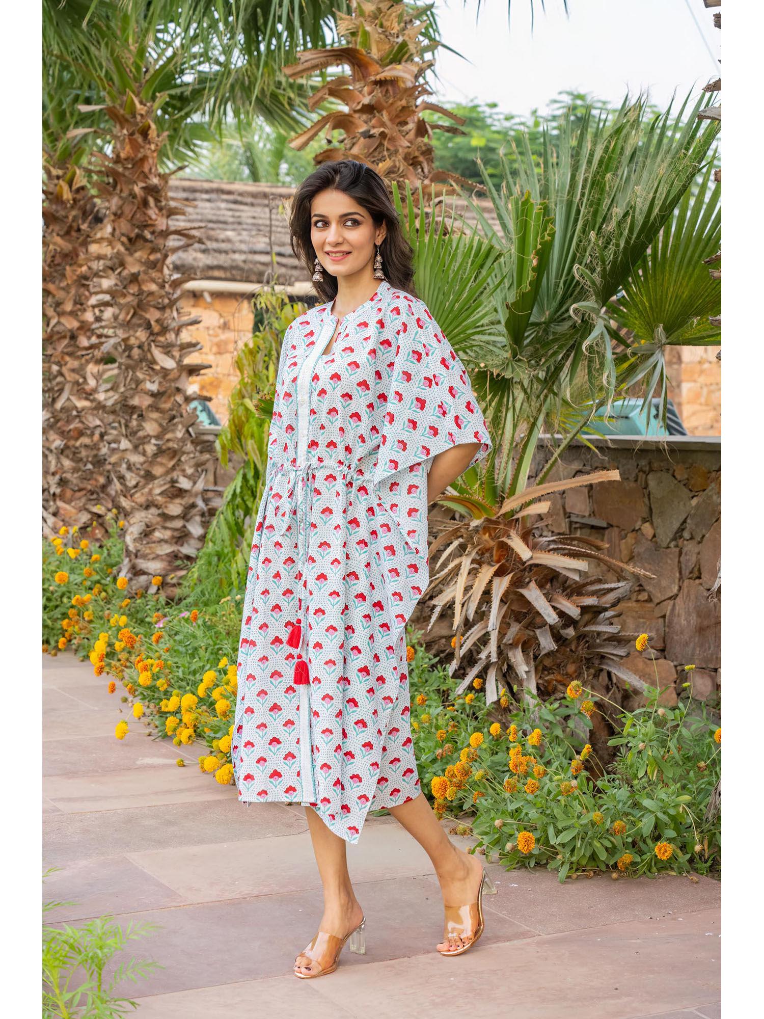 red floral hand block printed cotton white kaftan dress