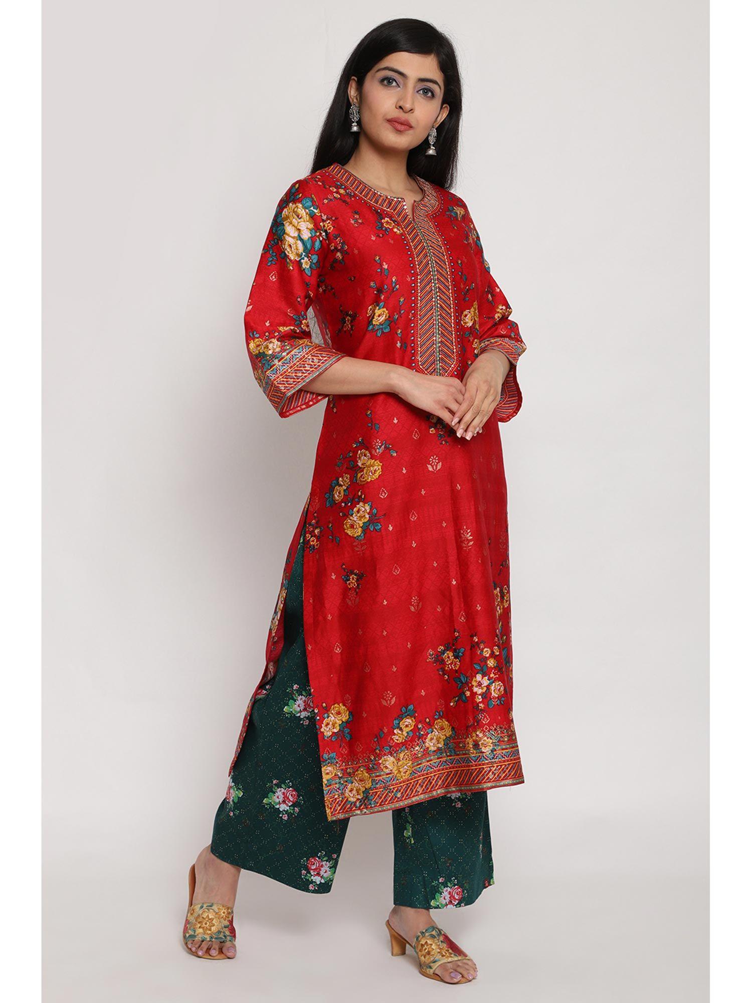 red floral kurta with mask (set of 2)