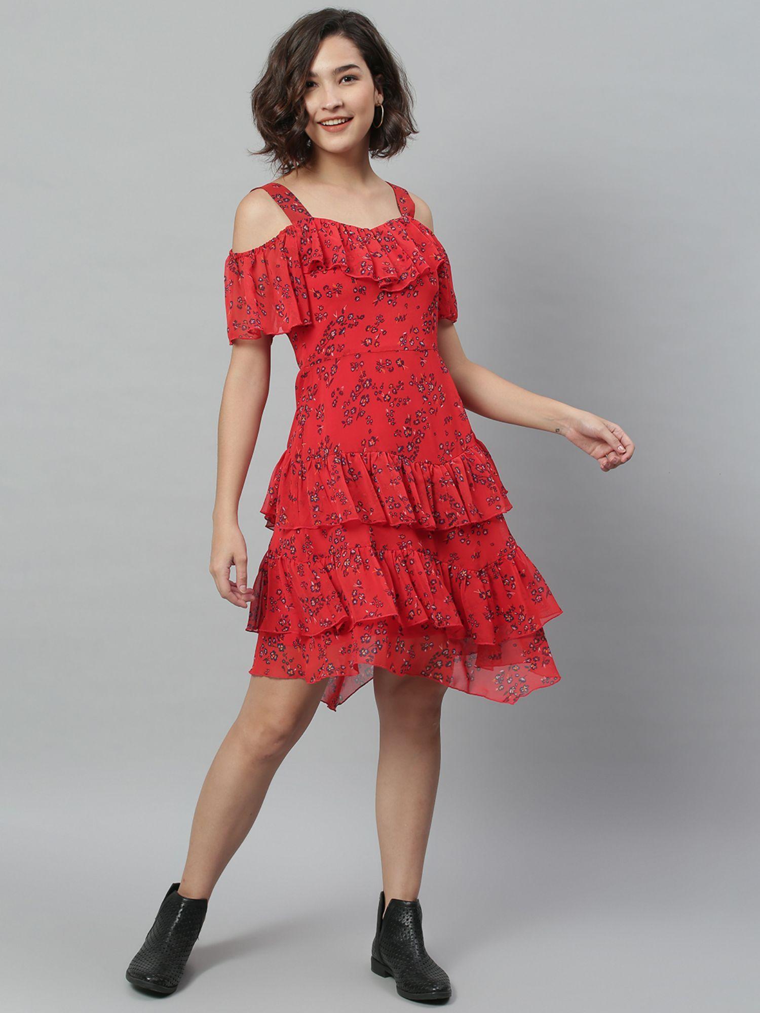 red floral layered ruffle dress