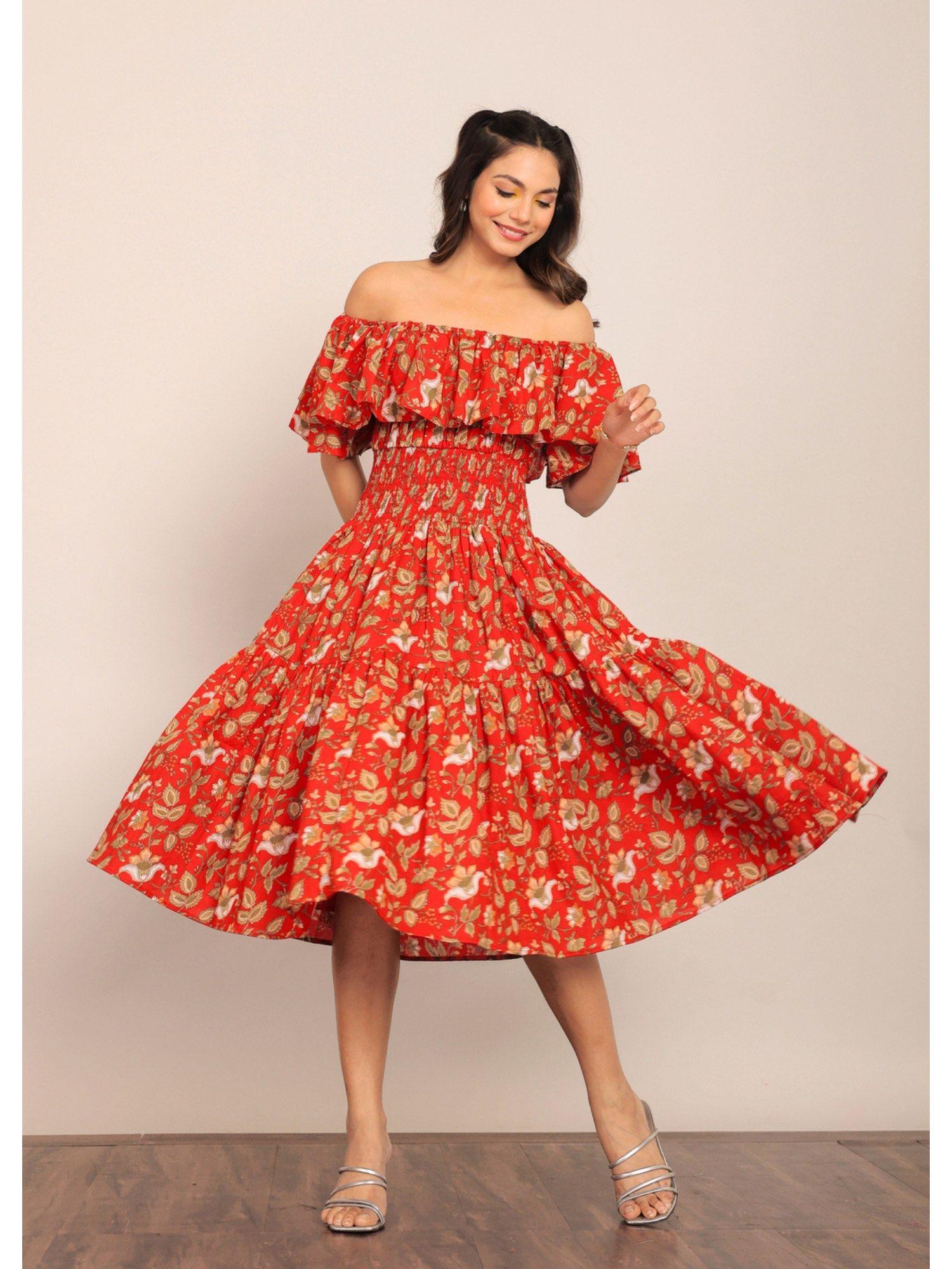 red floral off sholder midi dress