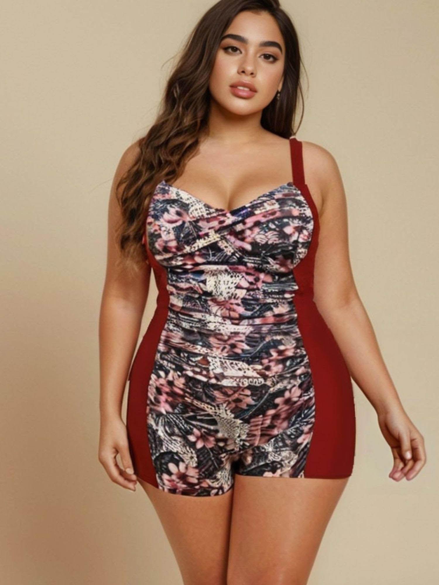 red floral one piece swimwear