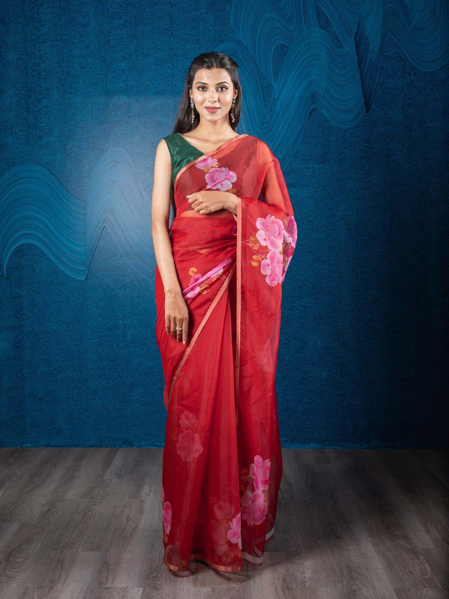 red floral organza digital print saree zari border with unstitched blouse