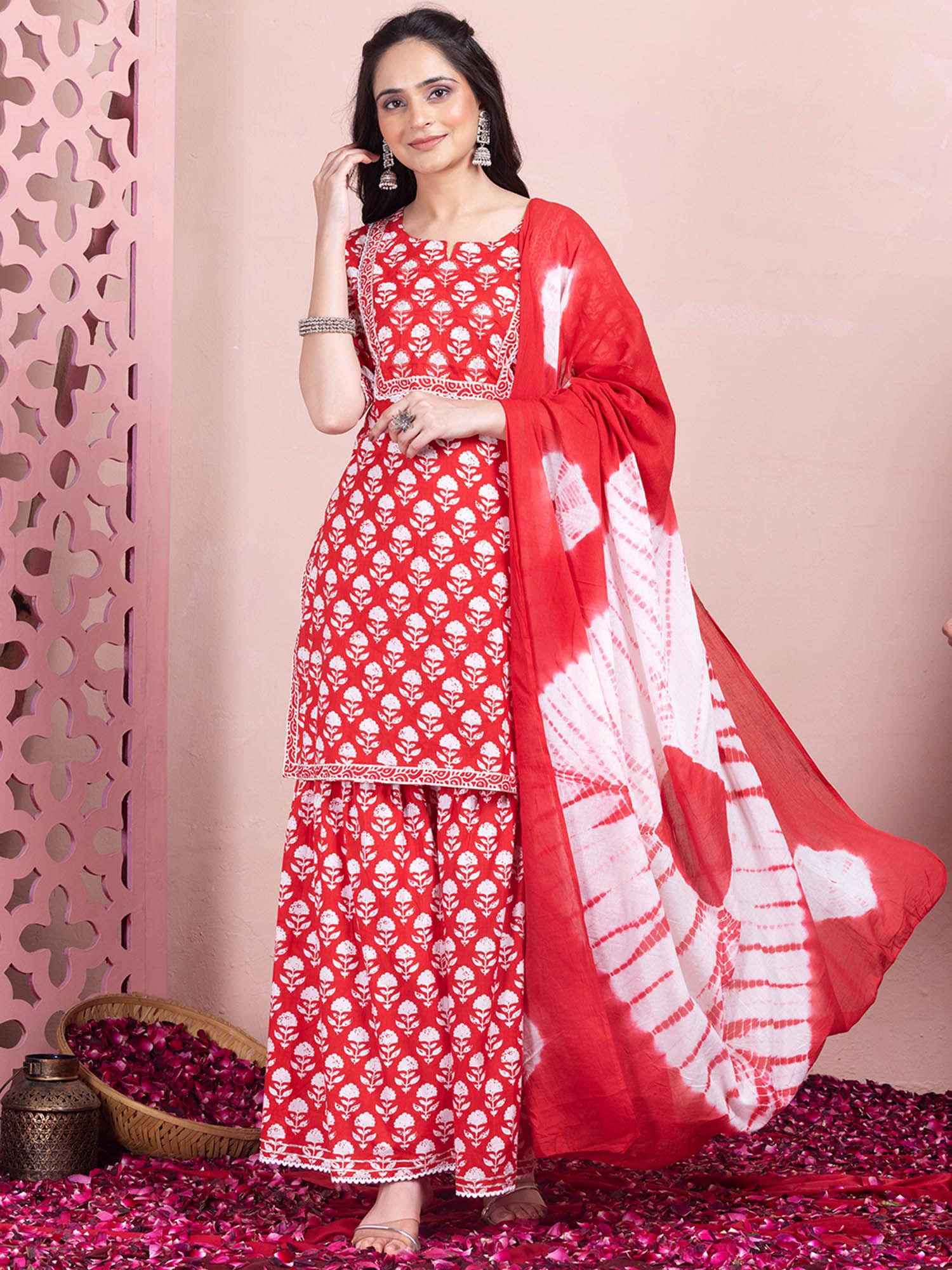 red floral print cotton kurta with sharara and dupatta (set of 3)