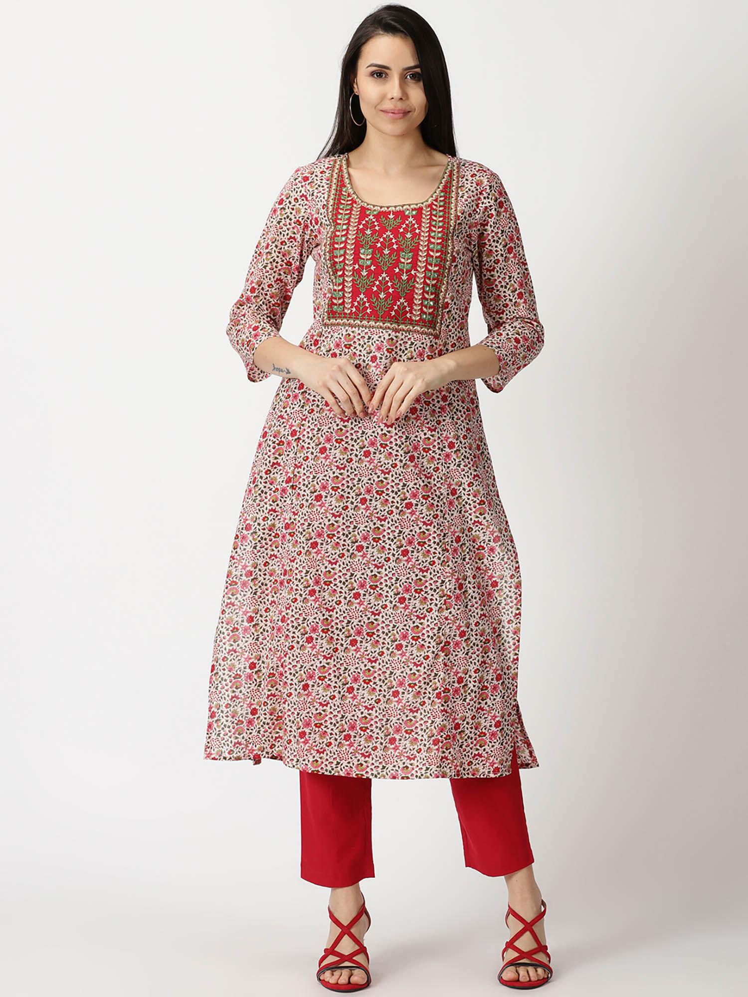 red floral print cotton kurta with yoke embroidery