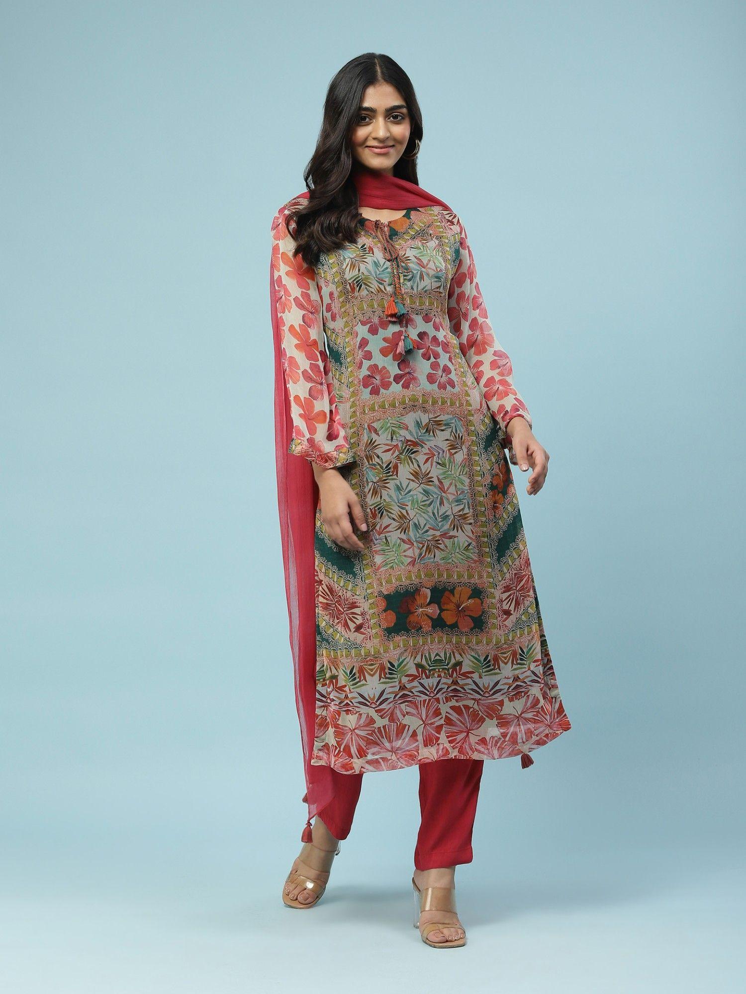 red floral print kurta with pant & dupatta (set of 3)