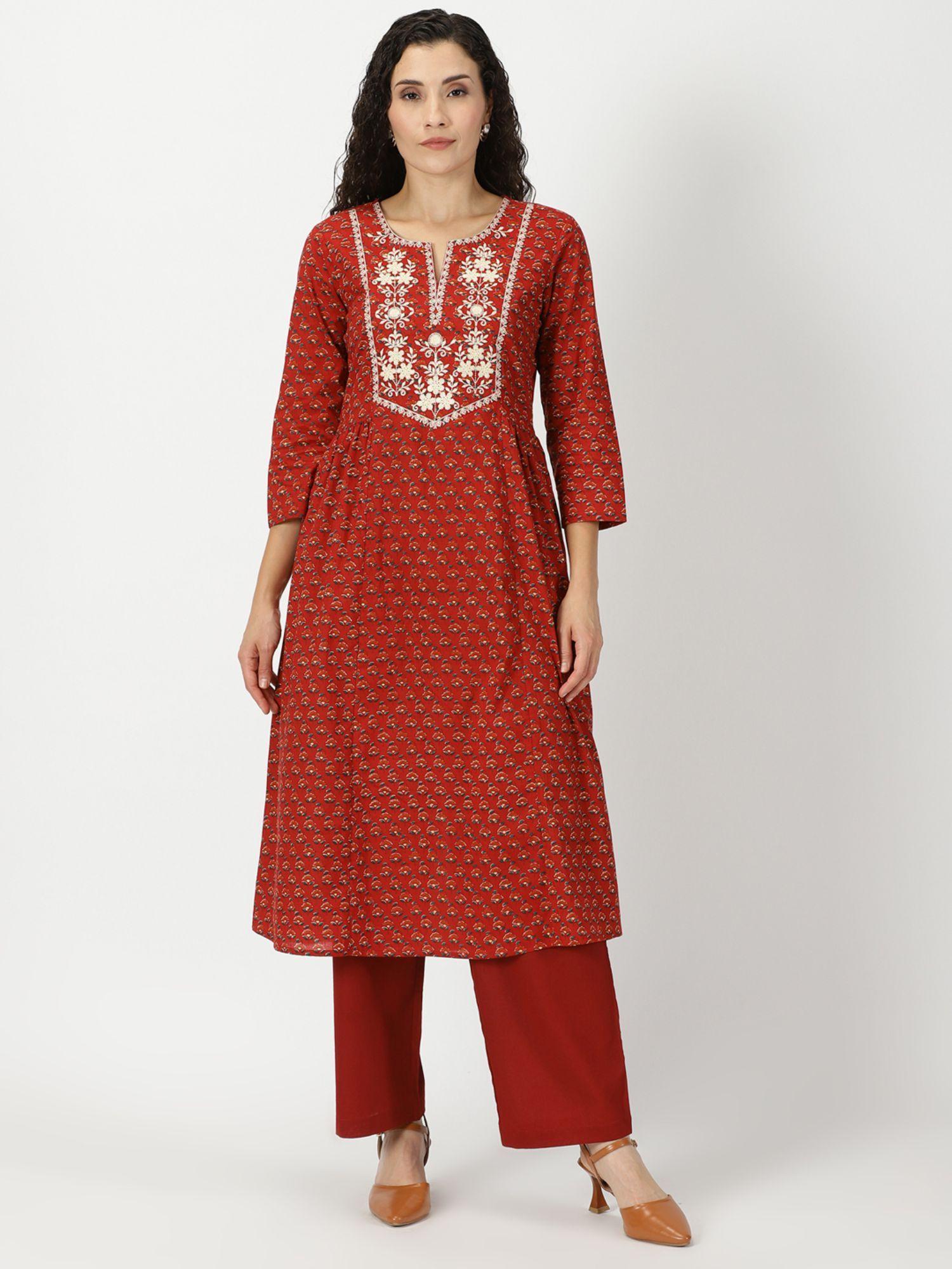 red floral print kurta with yoke embroidery