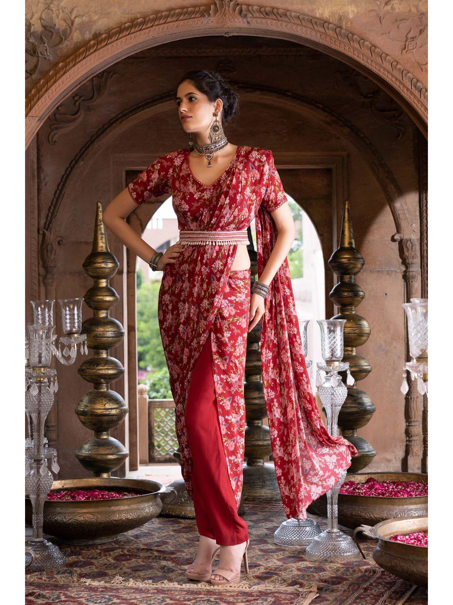 red floral print pant saree with stitched blouse and belt (set of 3)