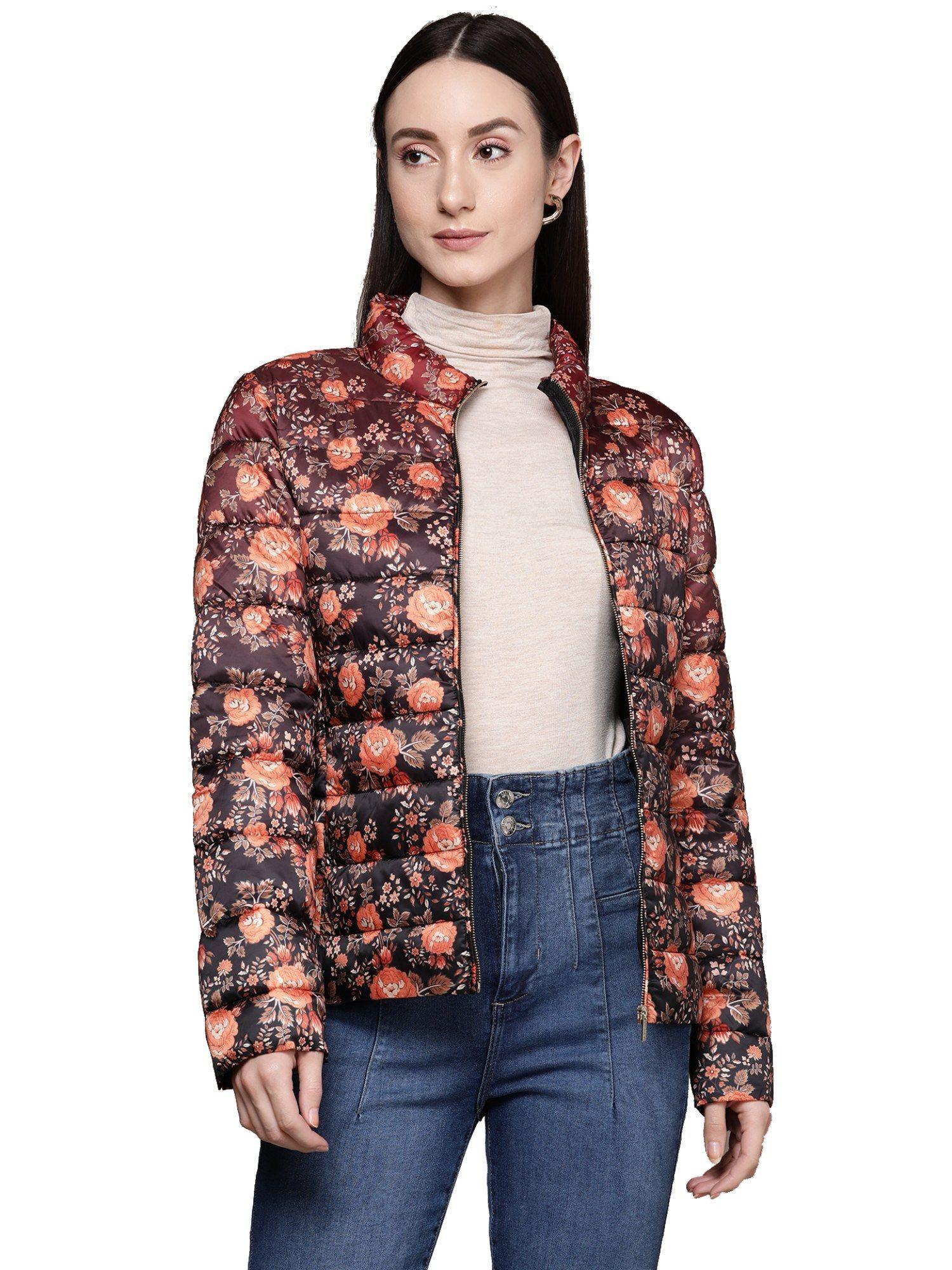 red floral print puffer jacket