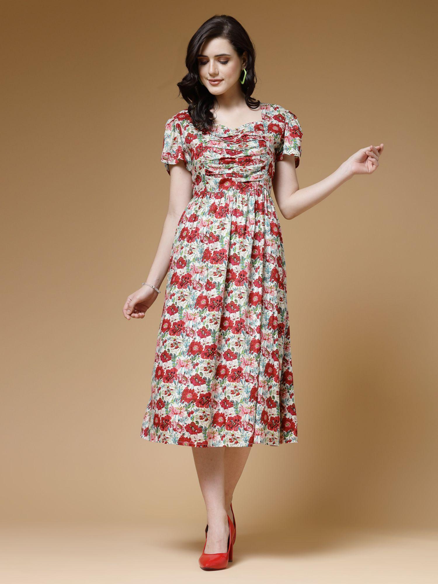 red floral print rayon dress