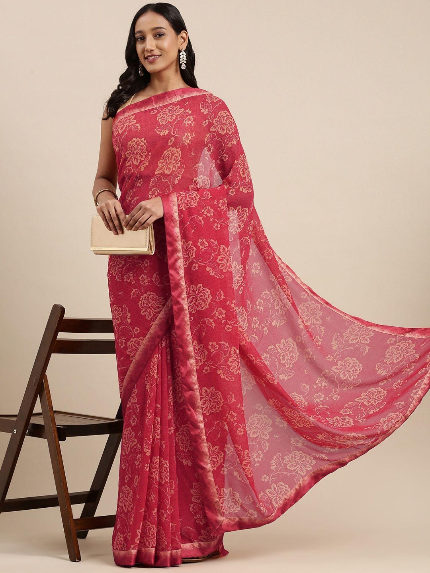 red floral print saree with unstitched blouse