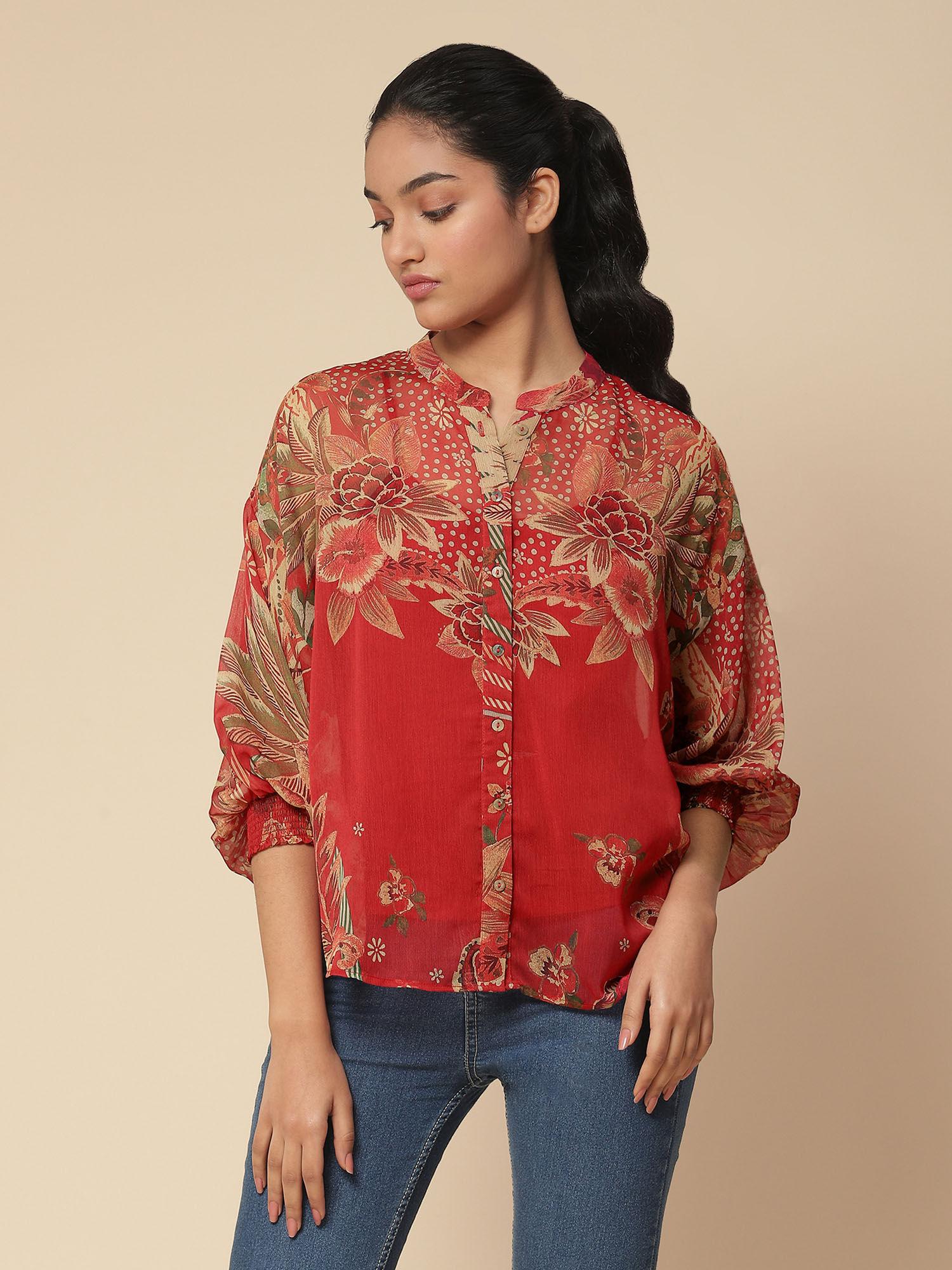 red floral print shirt with camisole (set of 2)