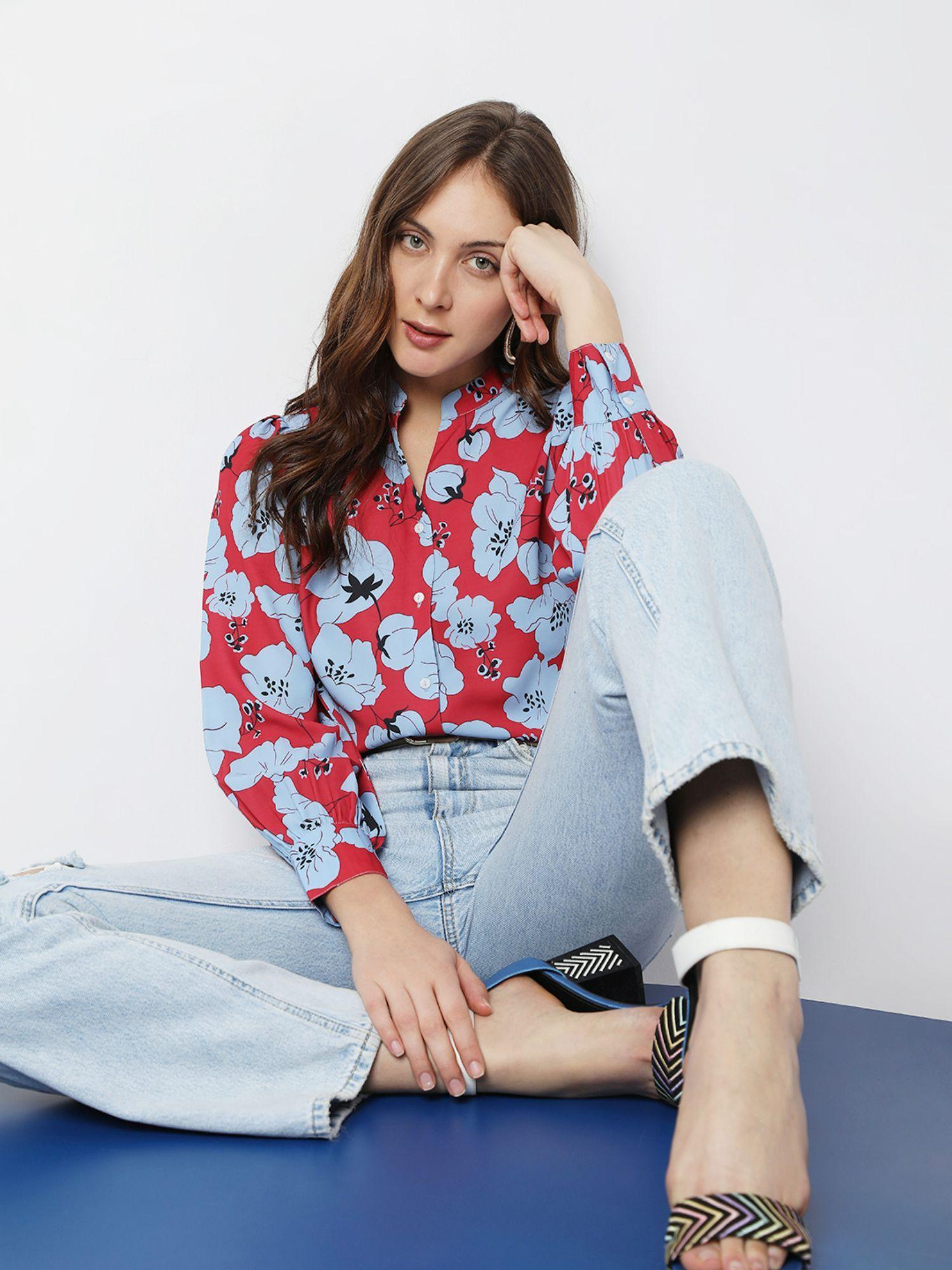 red floral print shirt