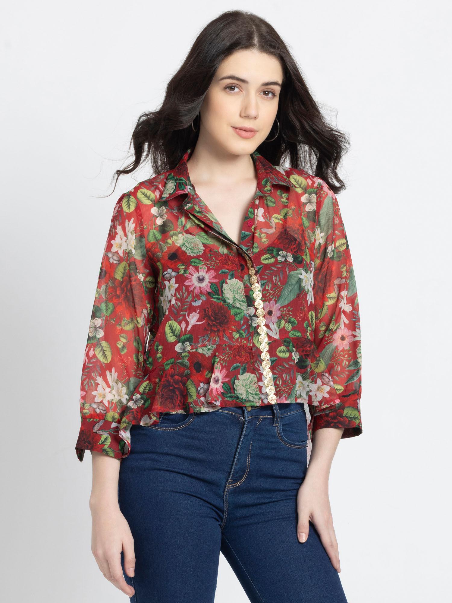 red floral print three fourth sleeves party shirts for women