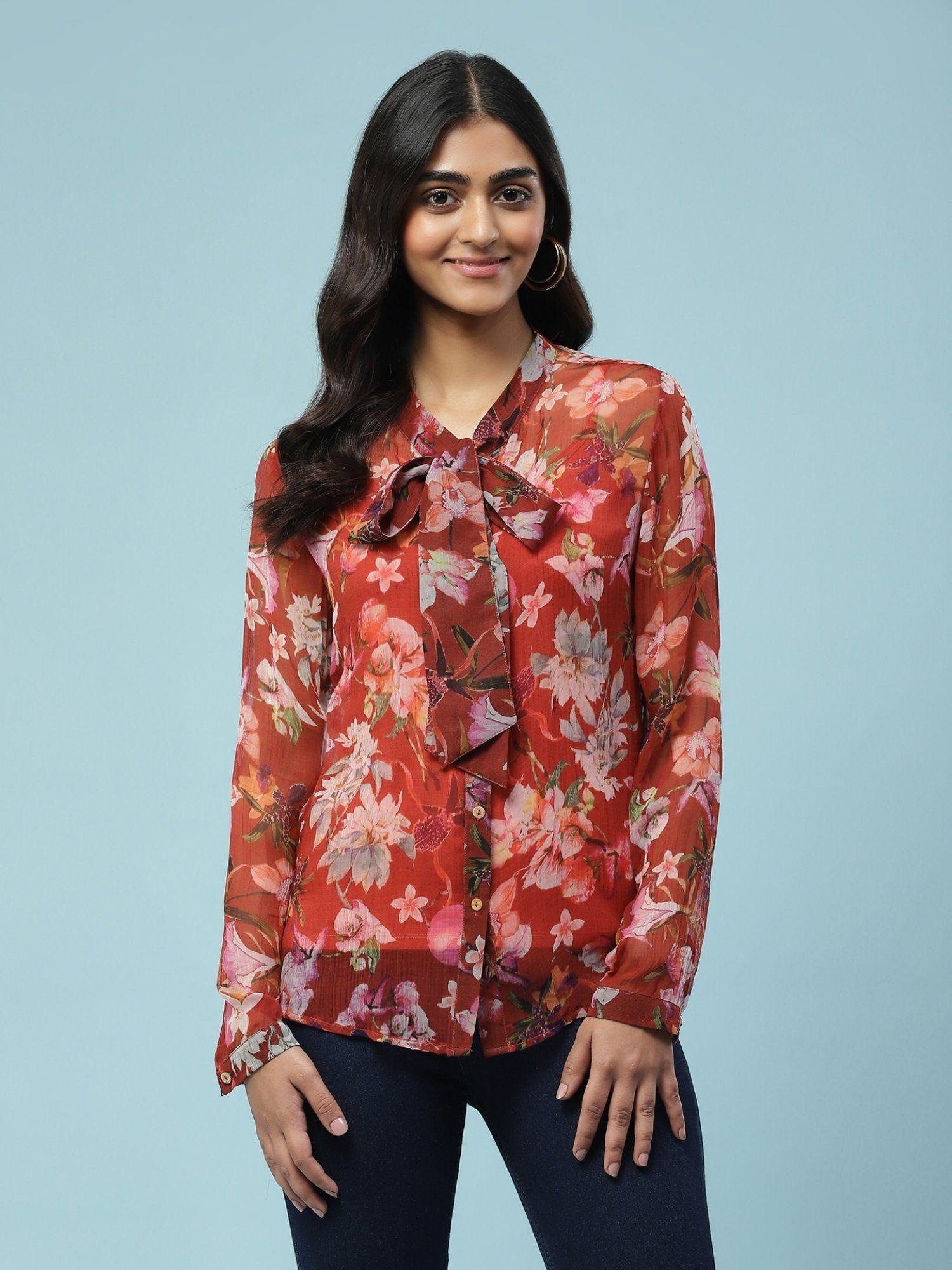 red floral print tie-up shirt with camisole (set of 2)