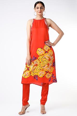 red floral printed & embroidered tunic set