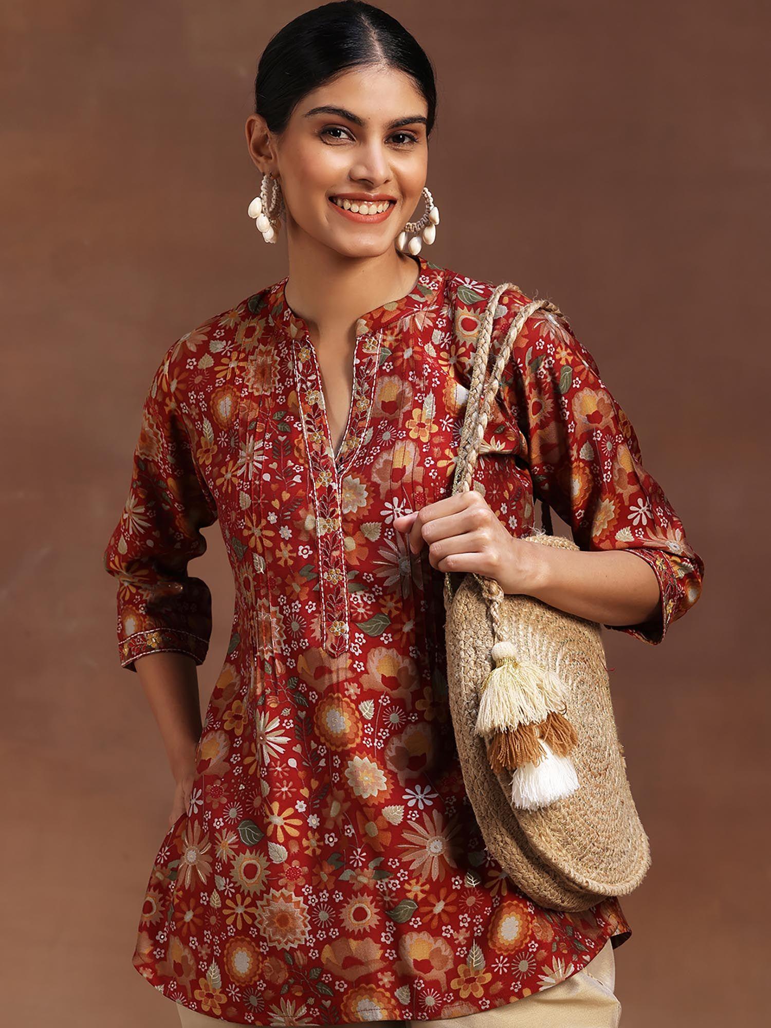 red floral printed a-line kurti with pintuck detail