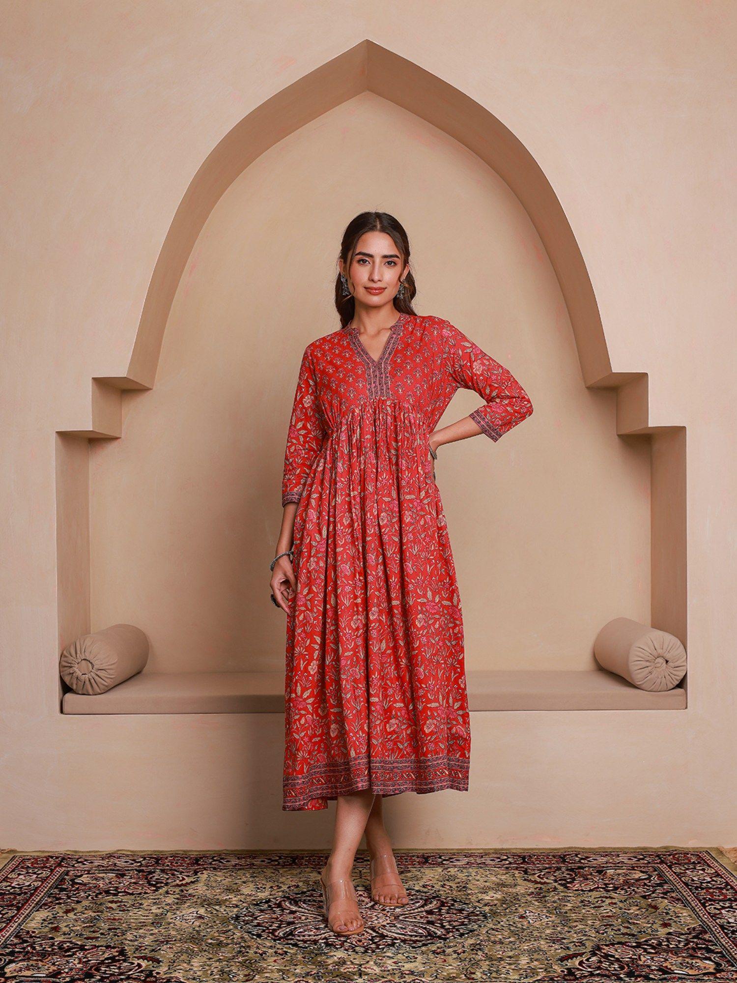 red floral printed anarkali dress