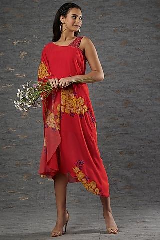 red floral printed asymmetrical dress