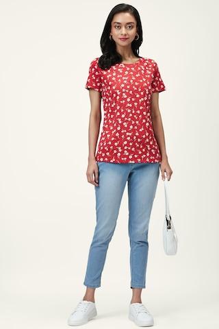 red floral printed casual half sleeves round neck women regular fit t-shirt