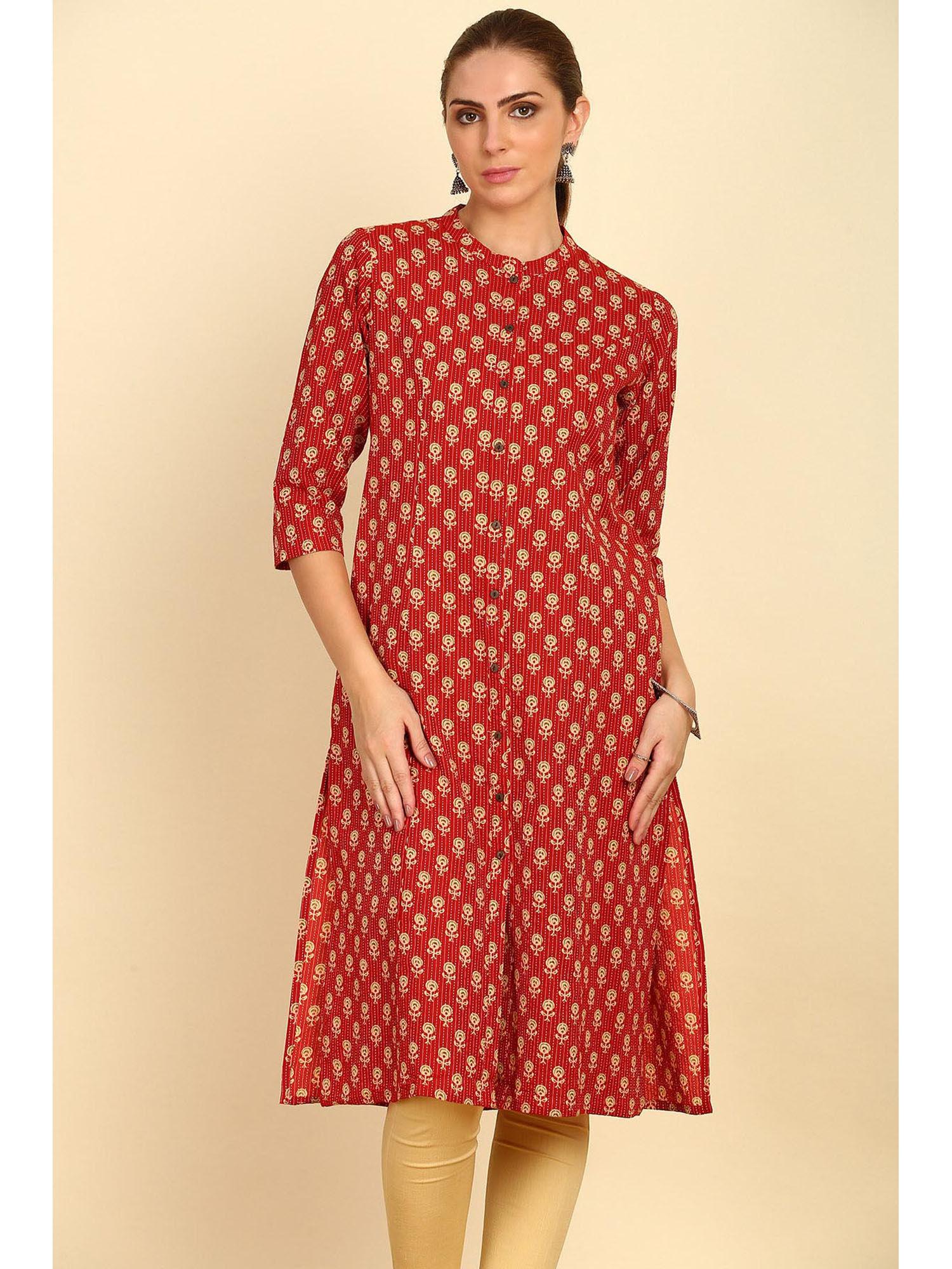 red floral printed cotton straight kurta with mandarin collar