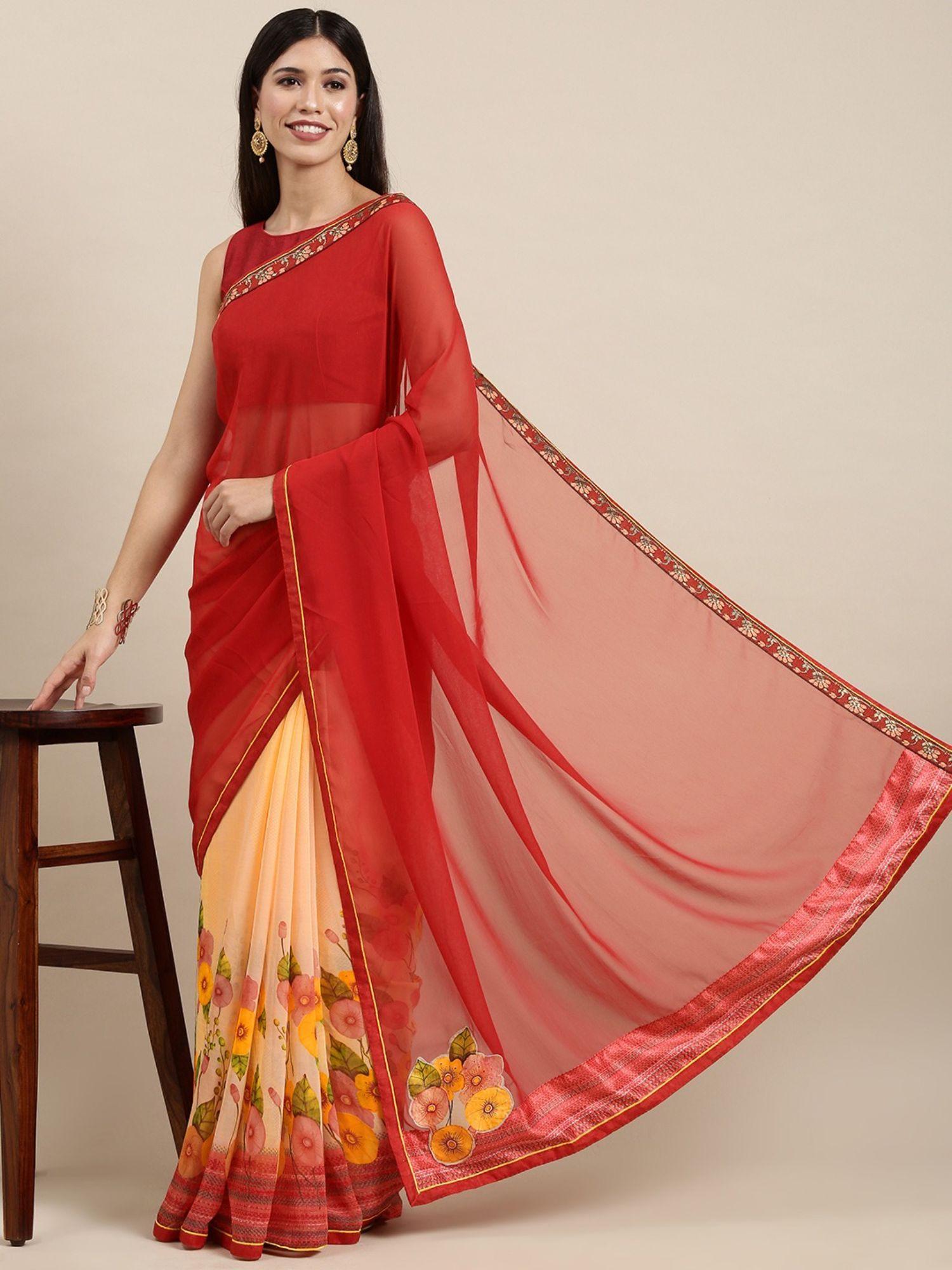 red floral printed half and half saree with unstitched blouse