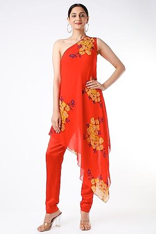 red floral printed high-low kurta set