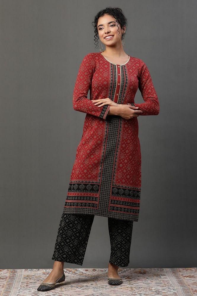 red floral printed jacquard winter kurta and narrow palazzo set