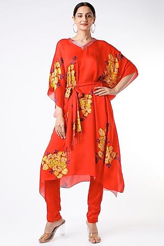 red floral printed kaftan tunic set