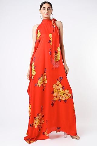 red floral printed maxi dress