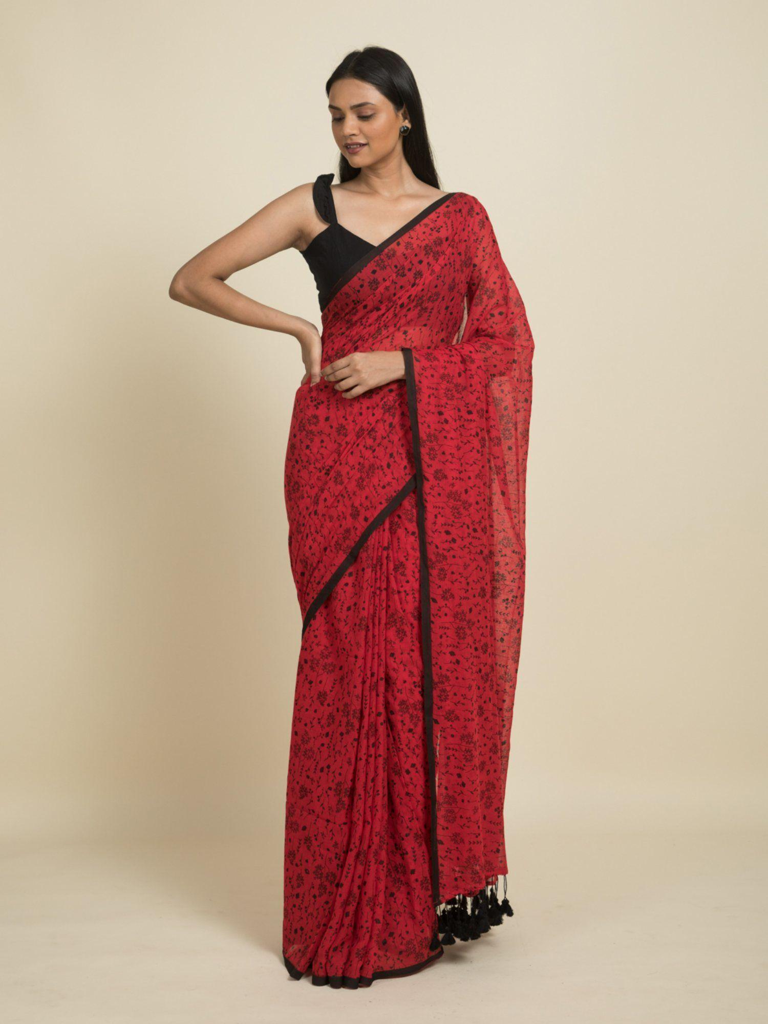 red floral printed mul cotton saree