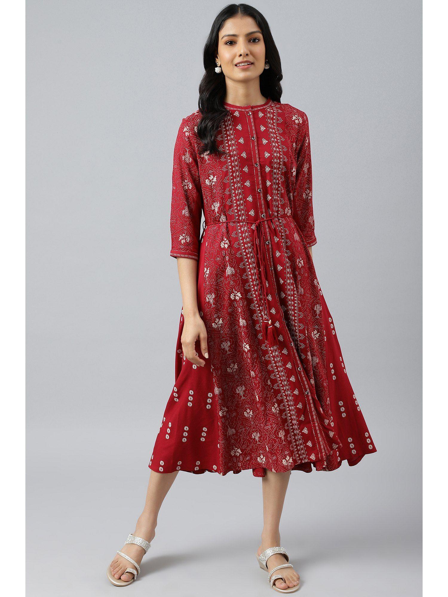 red floral printed panelled indie dress with belt (set of 2)