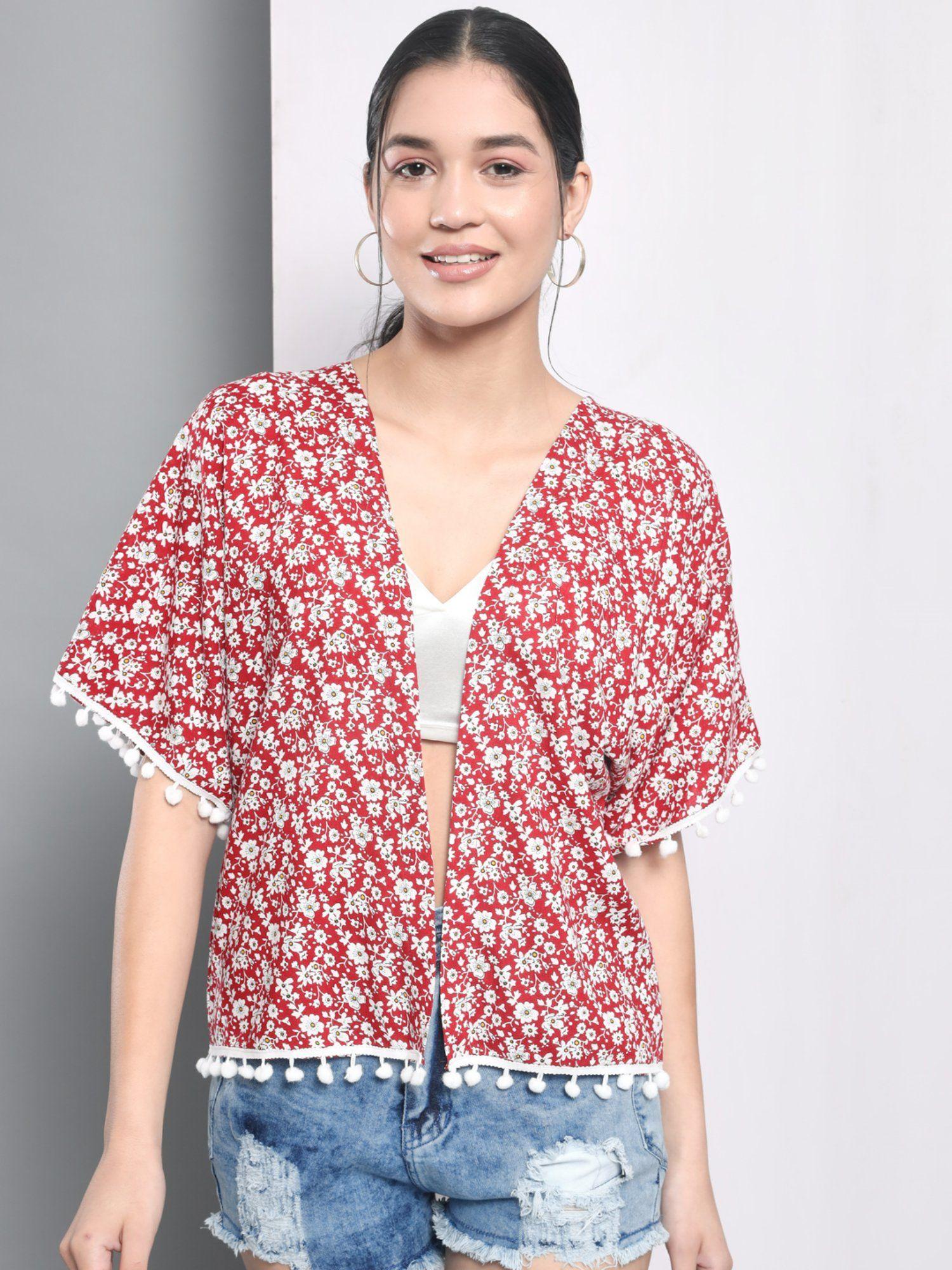 red floral printed pom pom shrug