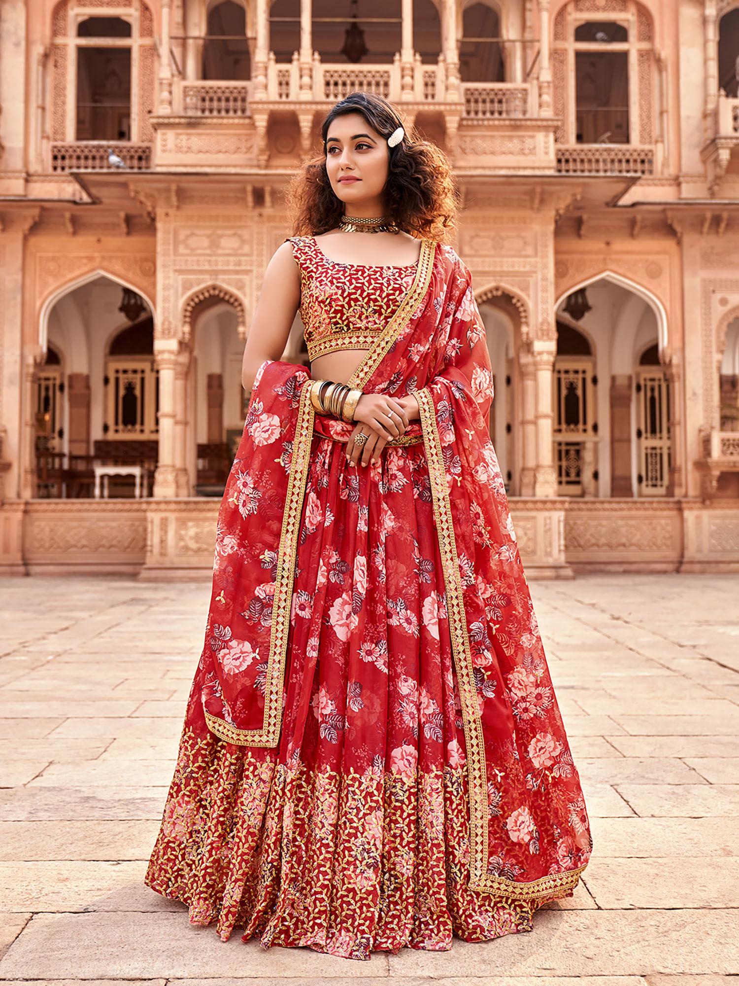 red floral printed semi-stitched lehenga choli with sequence work and dupatta (set of 3)