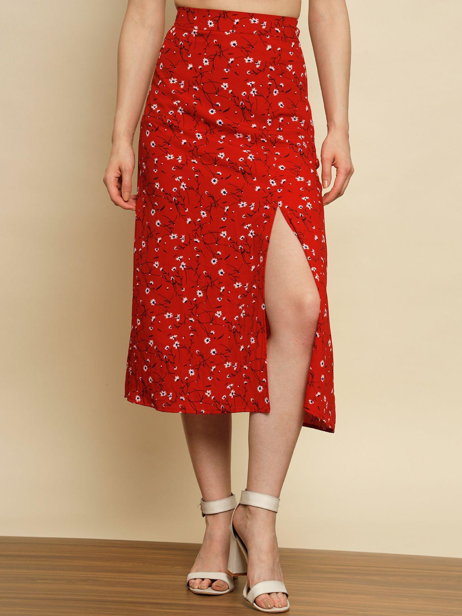 red floral printed slit skirt