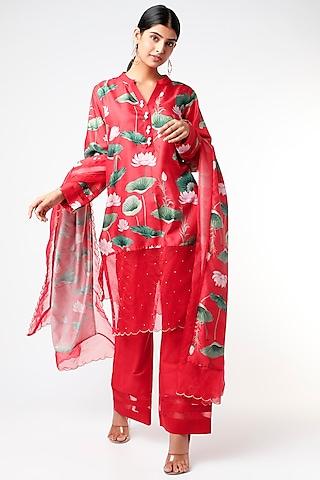 red floral printed straight tunic set