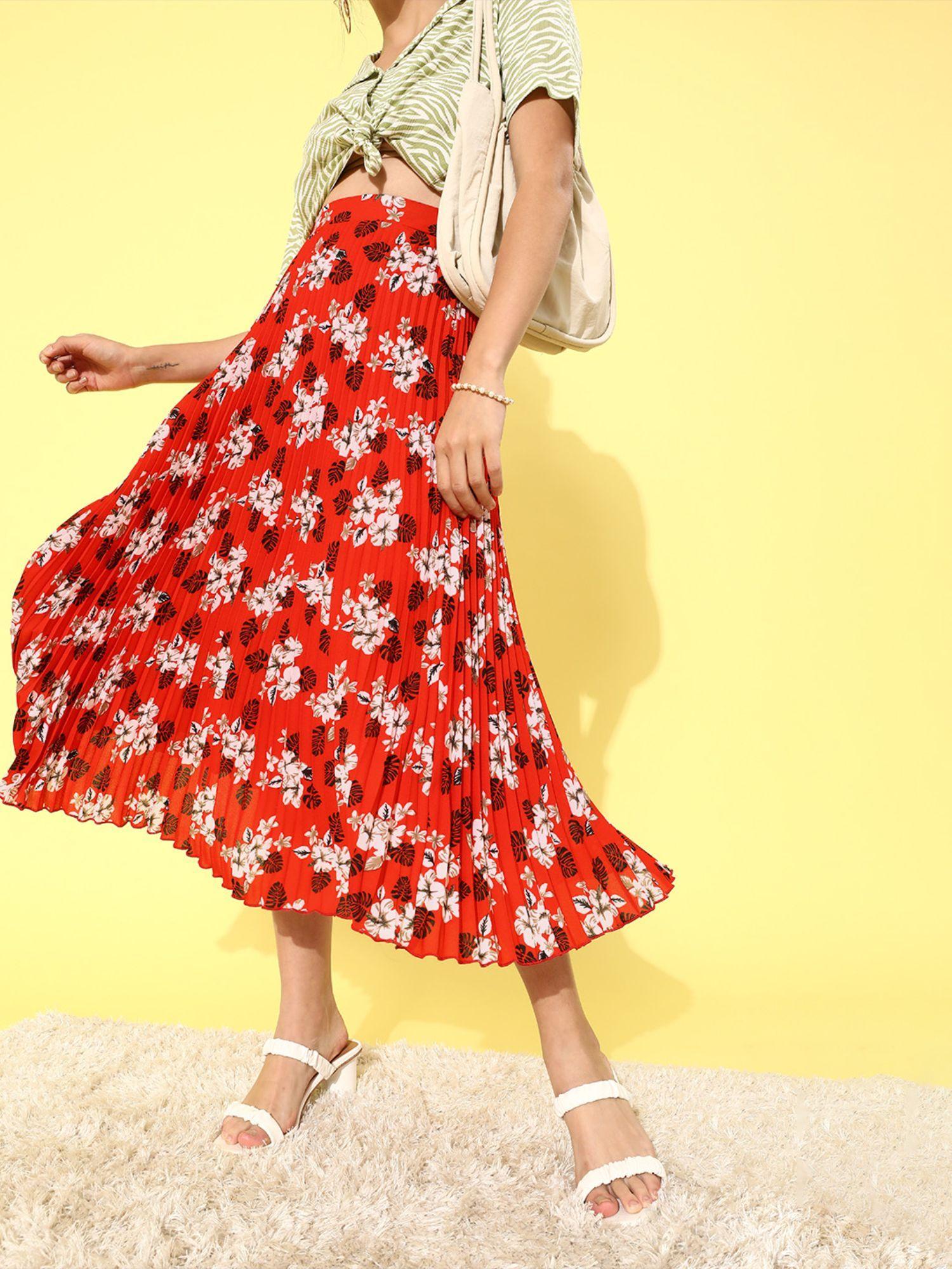 red floral red floral printed pleated skirt