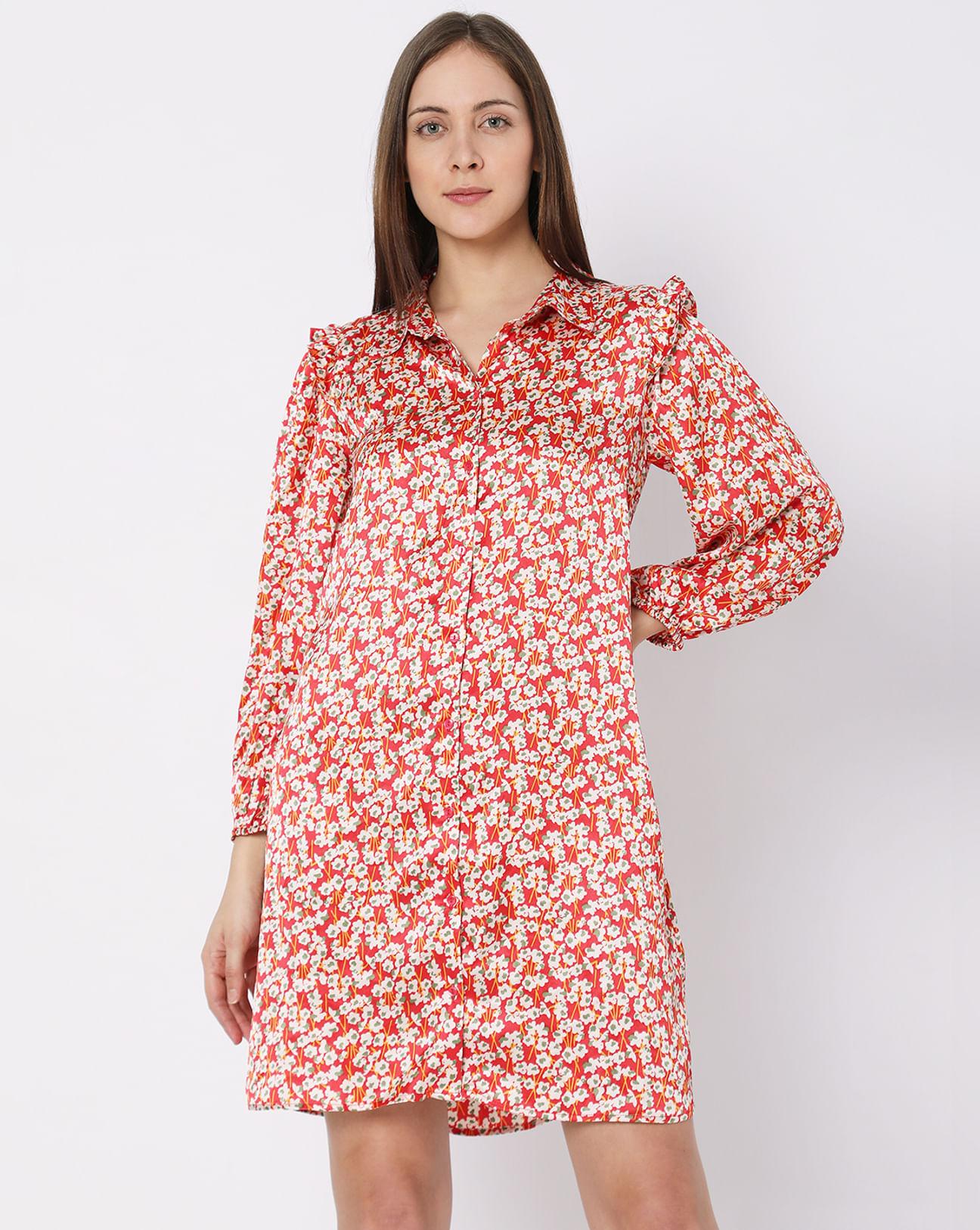 red floral shirt dress