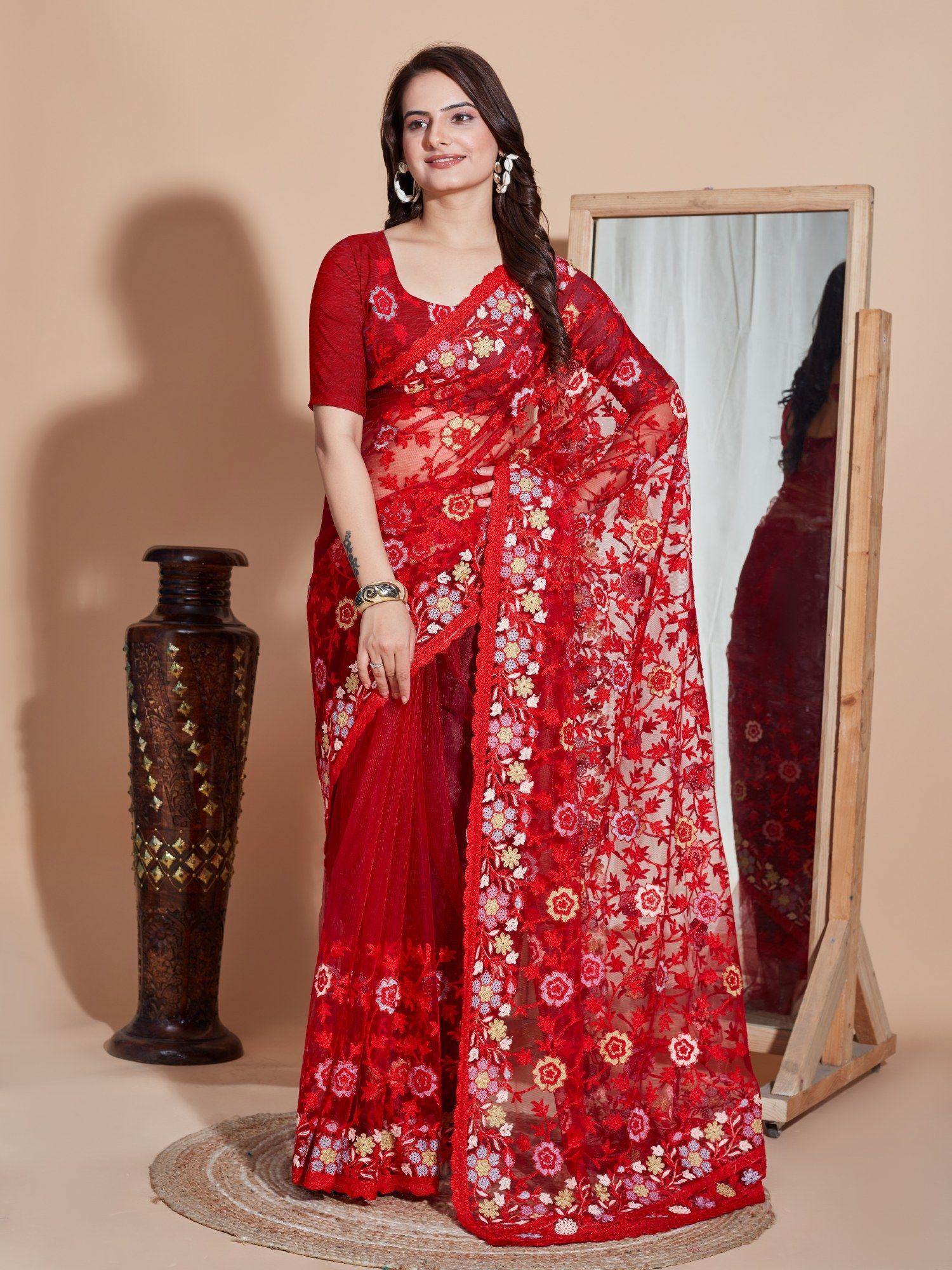 red floral soft net embroidery saree with unstitched blouse