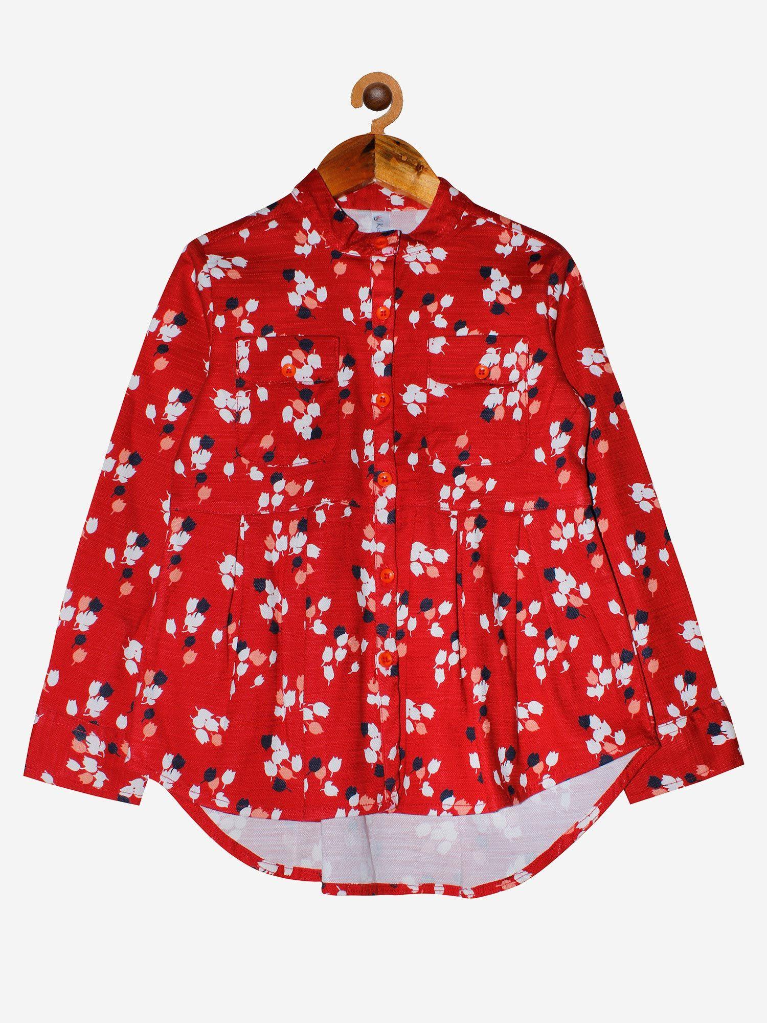 red flower girls full sleeve printed top with pleated bottom