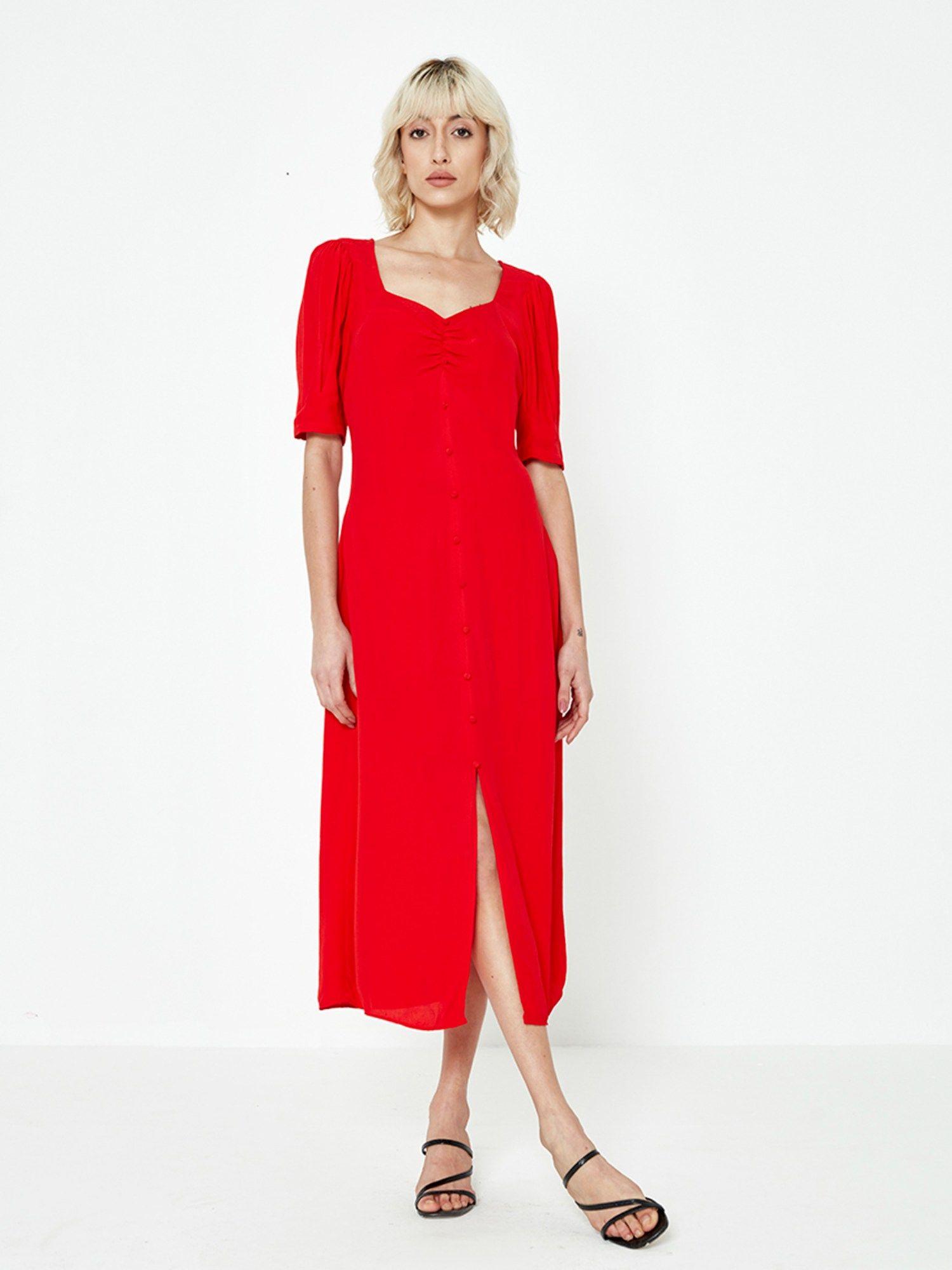 red front slit midi shift dress