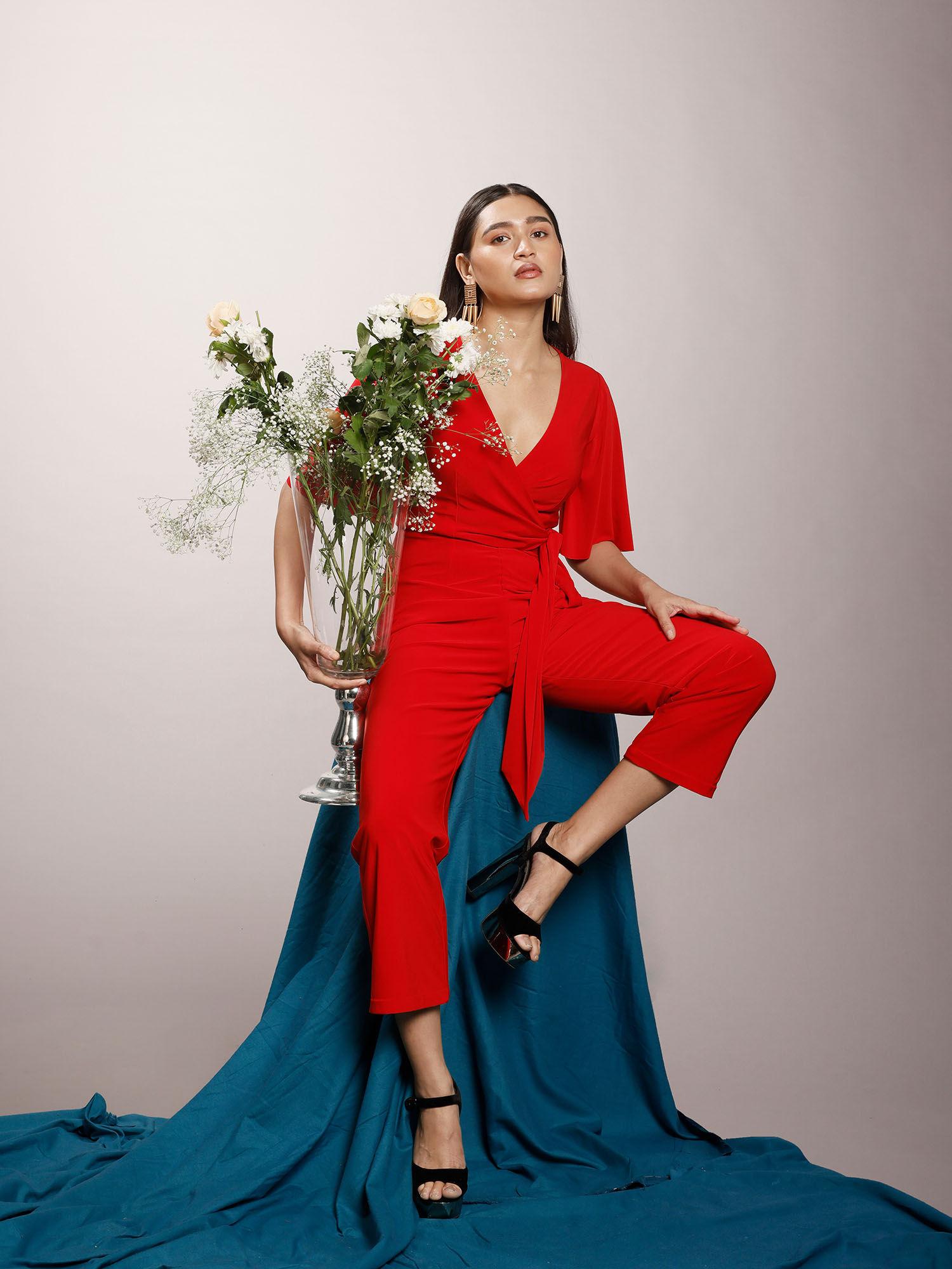 red functional tie-up jumpsuit